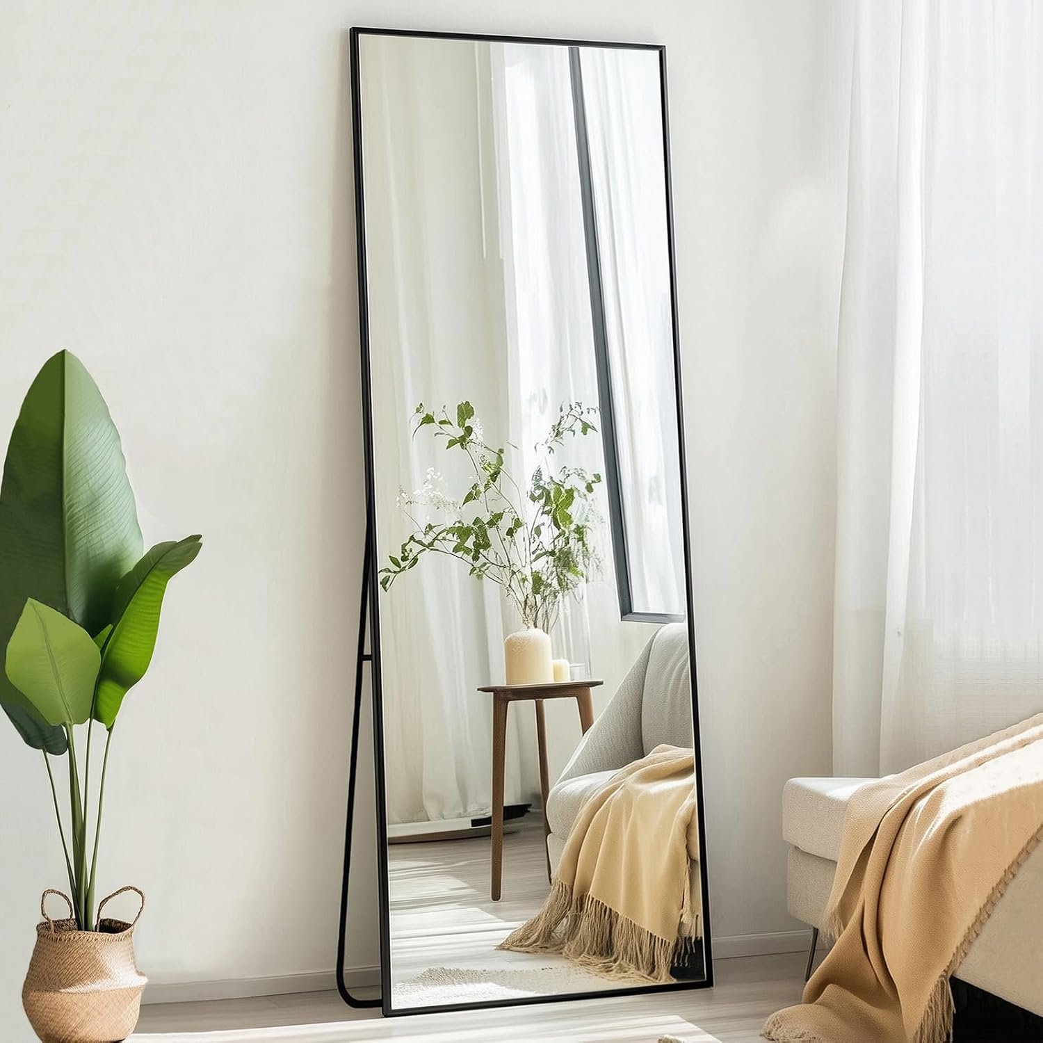 Full Length Mirror 56×16 inch, Black Full Body Mirror, Metal Frame | Matte Black Metal Frame, No Distortion Mirror, Rust-proof, Standing Mirrors for Bedroom, Livingroom, Cloakroom, Hallway