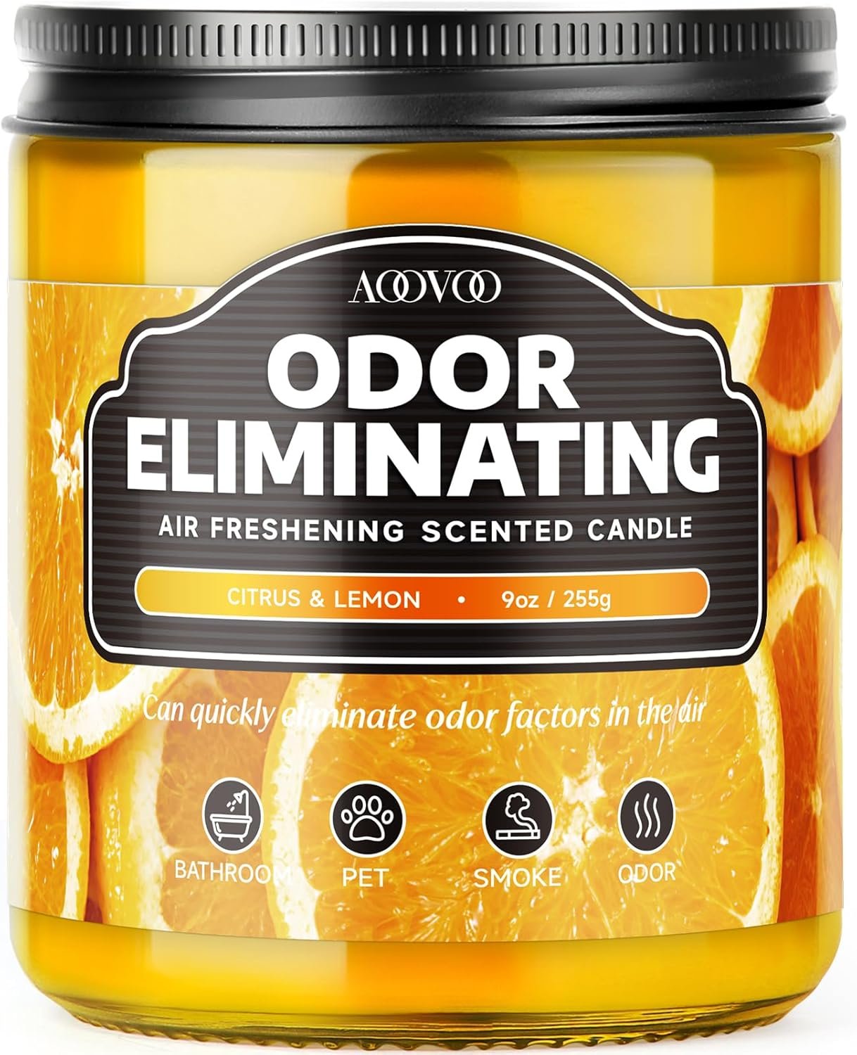 AOOVOO Citrus Lemon Odor Eliminating Candle – 9oz Soy Candles for Home | Eliminates 95% of Pet, Smoke, Food, and Other Smells Quickly, Non Toxic Air Freshing Candle, Up to 50 Hours Burn time