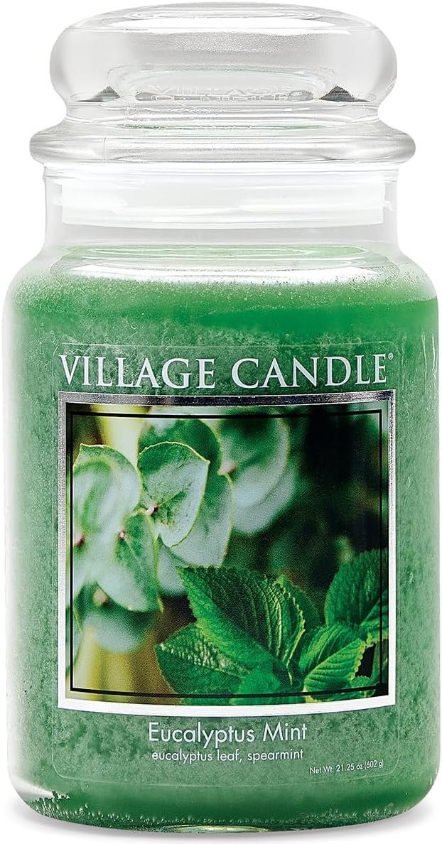 Village Candle Eucalyptus Mint Large Glass Apothecary Jar Scented Candle, Gift for Mom & Dad, 21.25 oz., Green