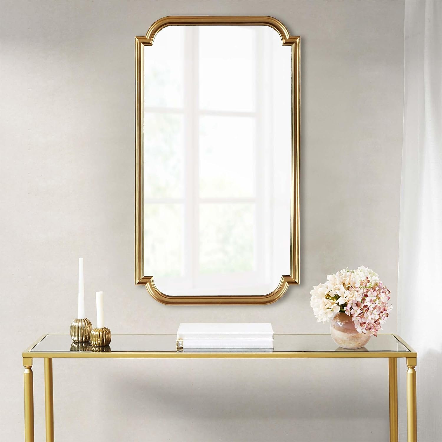 Madison Park Adelaide Wall Mirror for Bedroom, Large Hanging Accent Mirror for Living Room, Lightweight Wood Frame with Scalloped Corner Entryway Mirror, Ready to Hang Bedroom Wall Decor, 38″ H Gold