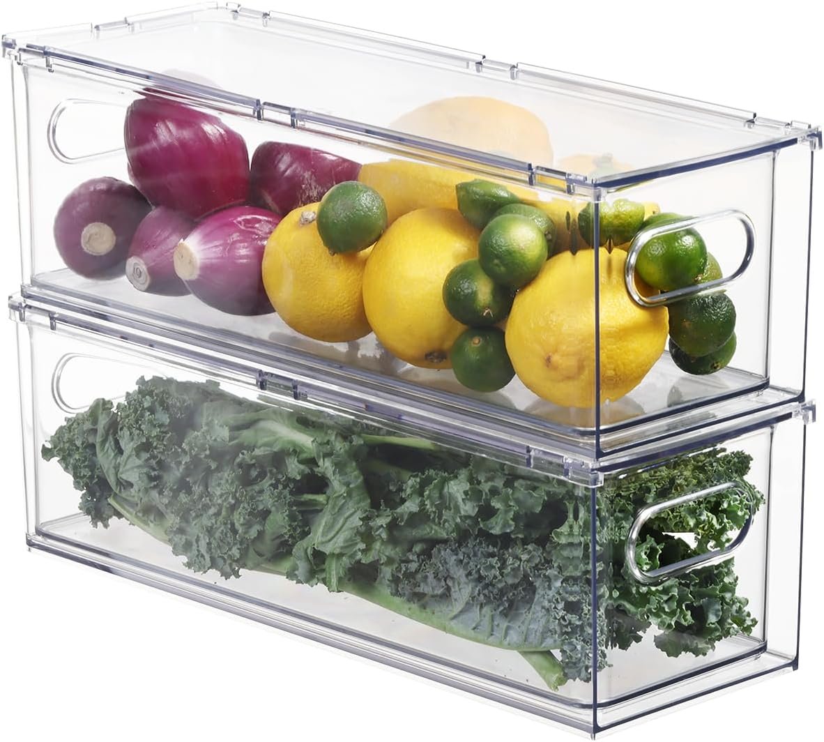 Fridge Organizers and Storage Pull Out Drawer, 2 Small | Stackable, Clear, Fruit and Veggies Containers, for Kitchen, Cabinet