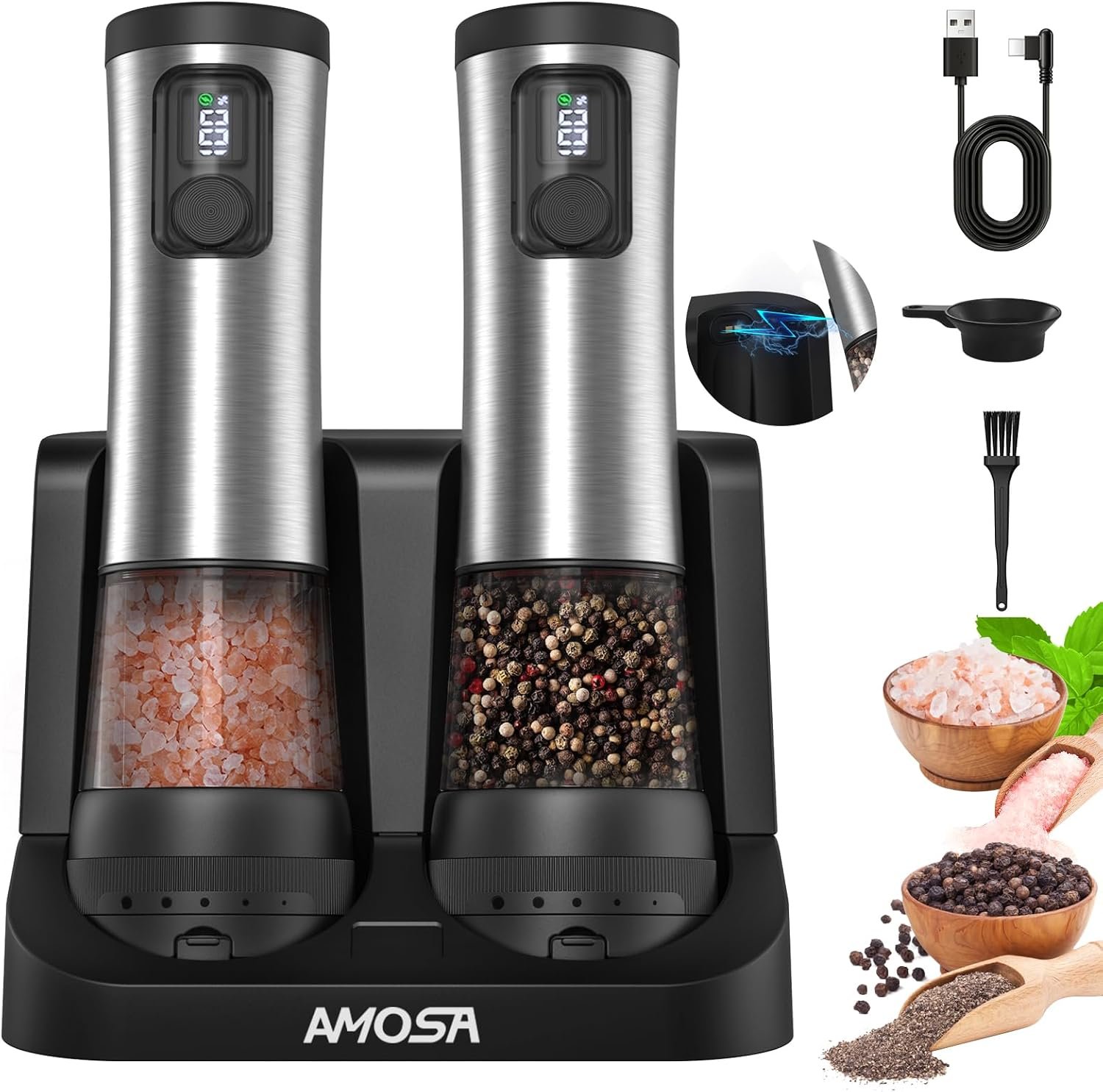 Electric Salt and Pepper Grinder Set, Battery Display Rechargeable Base | Upgraded 2-Speed Setting, External 5 Adjustable Coarseness Stainless Steel Automatic Salt & Pepper Shakers Mill with LED