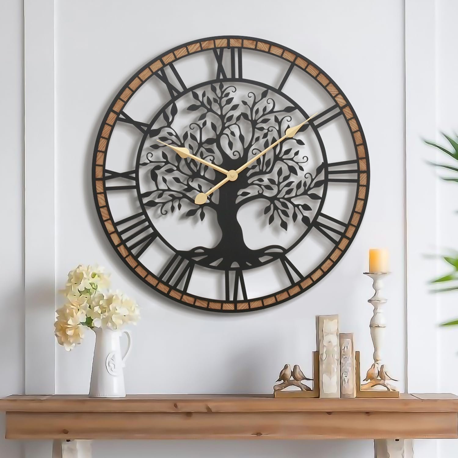 Micasso Large Wall Clock Decorative: 24 Inch Tree of Life Battery Operated | Modern Farmhouse Metal Wood Frame – Roman Numeral Clocks for Living Room/Home Office/Bedroom – Ideal for Home Renovations