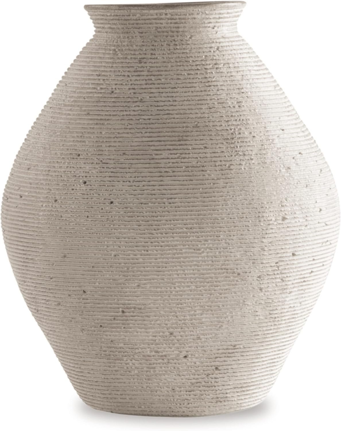 Signature Design by Ashley 12-Inch Ribbed Resin Decorative Vase, Tan Finish | Lightweight polyresin jar, Ideal for faux florals and pampas grass, Hannela Series rustic accent