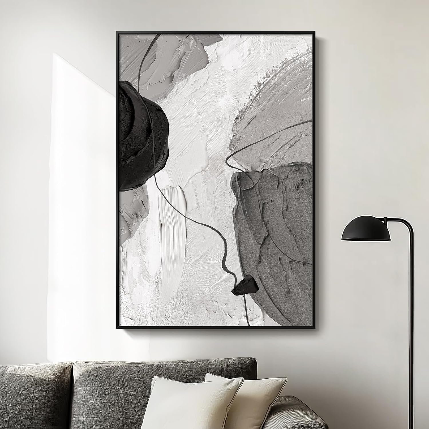 Framed Black and White Abstract Canvas Wall Art, Large Modern Art Prints Paintings Artwork for Walls, Minimalist Gray Pictures for Living Room Bedroom Dining Room Office Bathroom Wall Decor 24×36 In