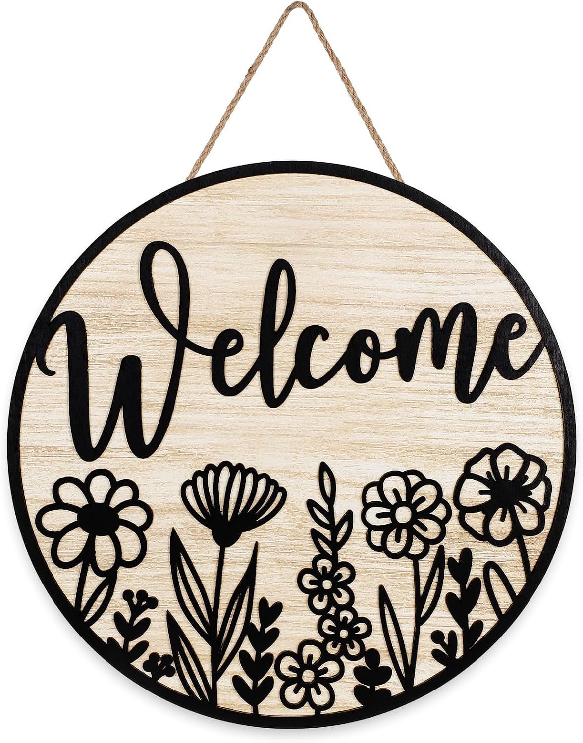 JarThenaAMCS 3D Black Wildflower Welcome Door Sign Daisy Floral Wooden Hanging Sign Rustic Flower Front Door Hanger for Spring Indoor Outdoor Farmhouse Home Porch Window Decor