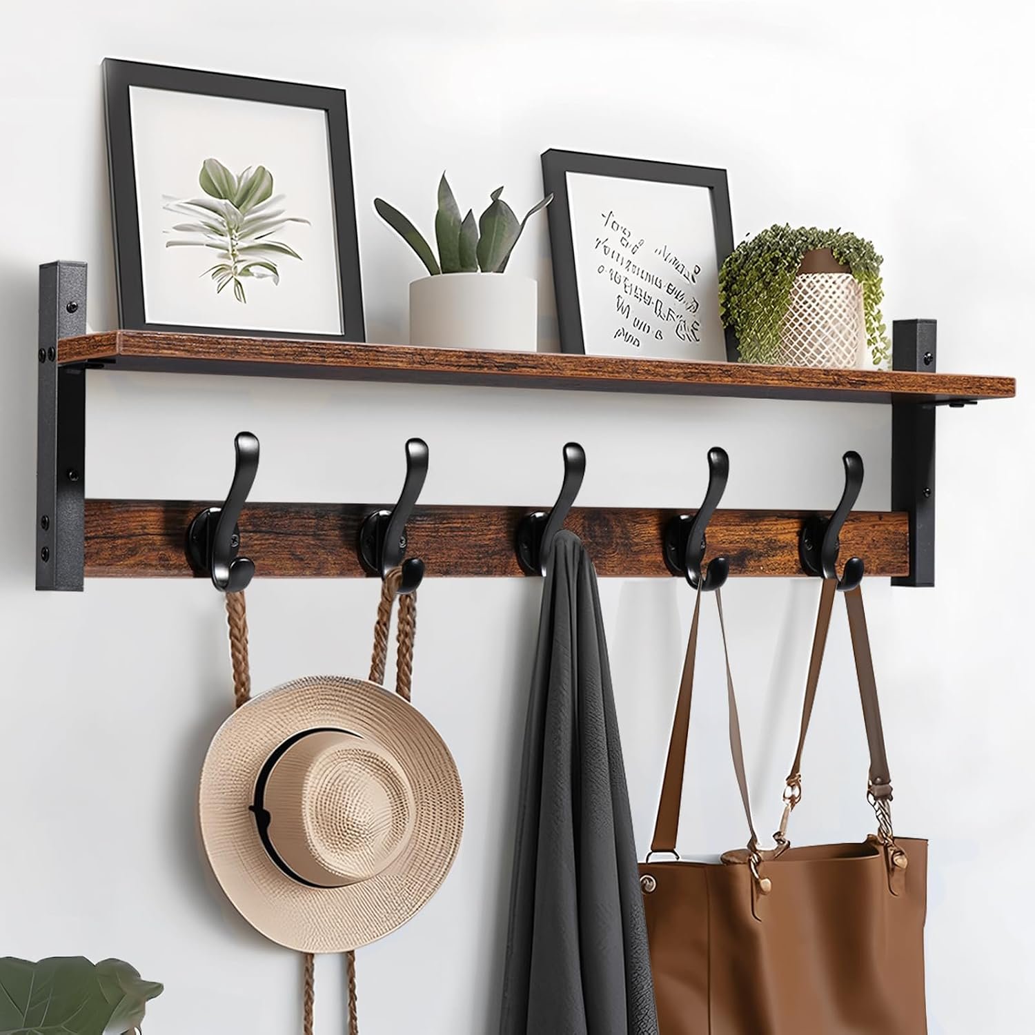 Tatub 29″ Rustic Coat Rack Wall Mount with Shelf, Entryway Wall Hooks with Shelf, Coat Hangers for Bathroom, Living Room, Bedroom, Rustic Black