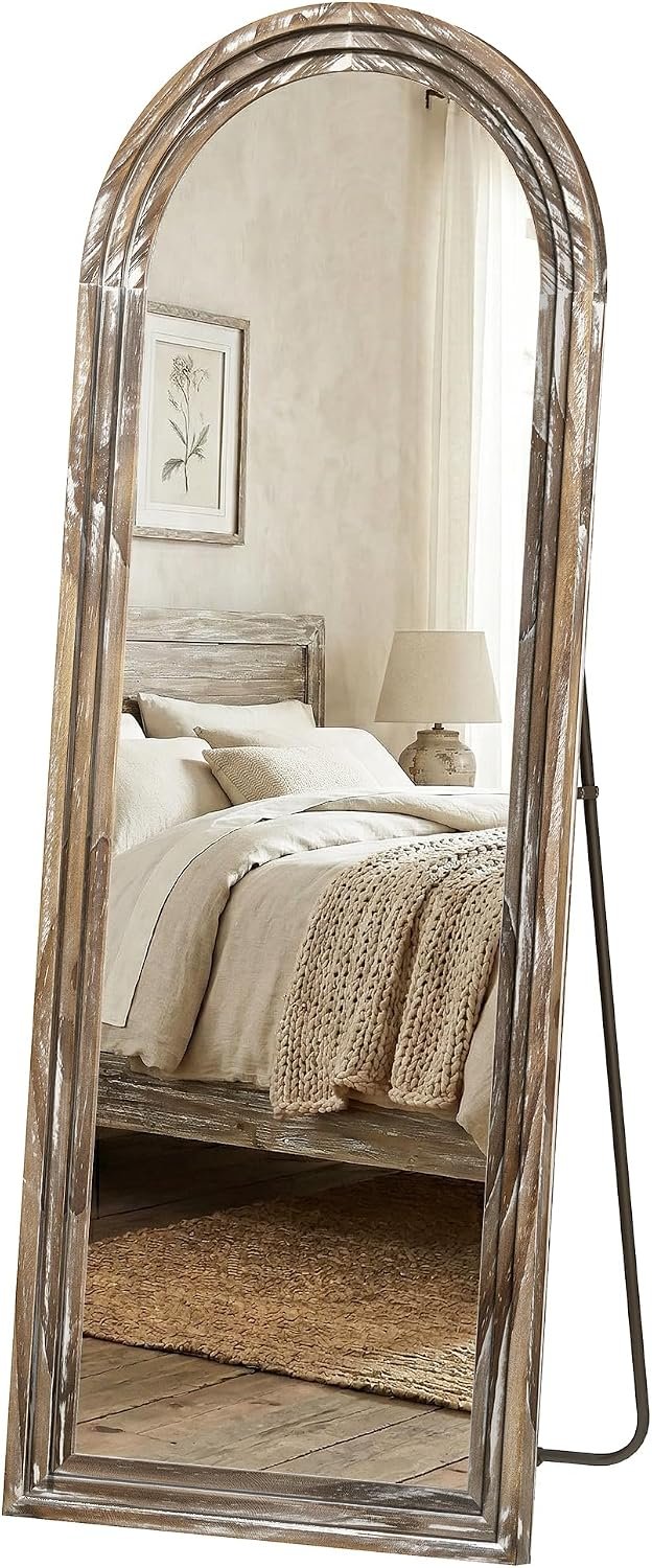 Distressed White 63×21 Arched Full Length Mirror with Stand | Whitewashed triple-layer craftsmanship brings rustic farmhouse, cottage and coastal character to bedrooms and dressing areas