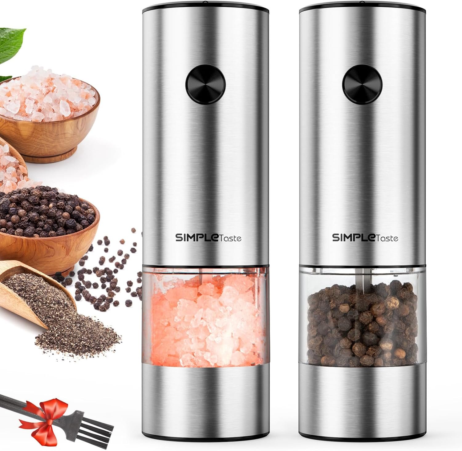 SIMPLETASTE Electric Salt and Pepper Grinder Set with Battery Operated | Automatic Pepper Mill Shakers with LED Light, Adjustable Coarseness, One Hand Operation for Kitchen, Dining, Gifting, Silver