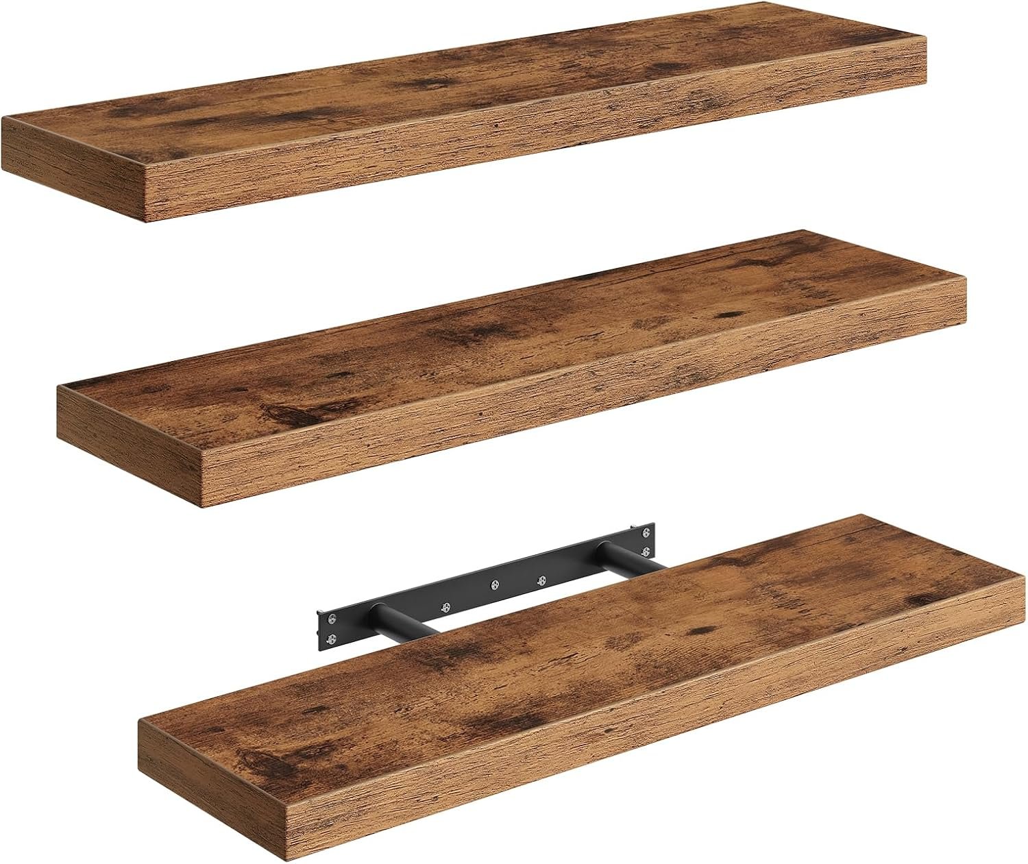 Floating Shelves for Wall, 23.6″ Wall Shelf Set of 3 with Invisible Brackets, 1.5“ Thick Hanging Shelves Farmhouse Home Decor for Bathroom, Living Room, Kitchen, Rustic Brown 6301BJP3BF