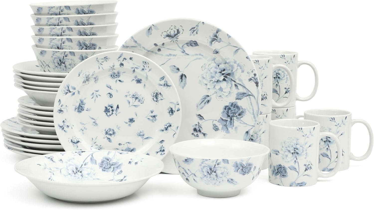 Martha Stewart Empress Bouquet 30 Piece Decorated Porcelain Chip and Scratch Resistant Dinnerware Plates and Bowls Set – Blue Floral