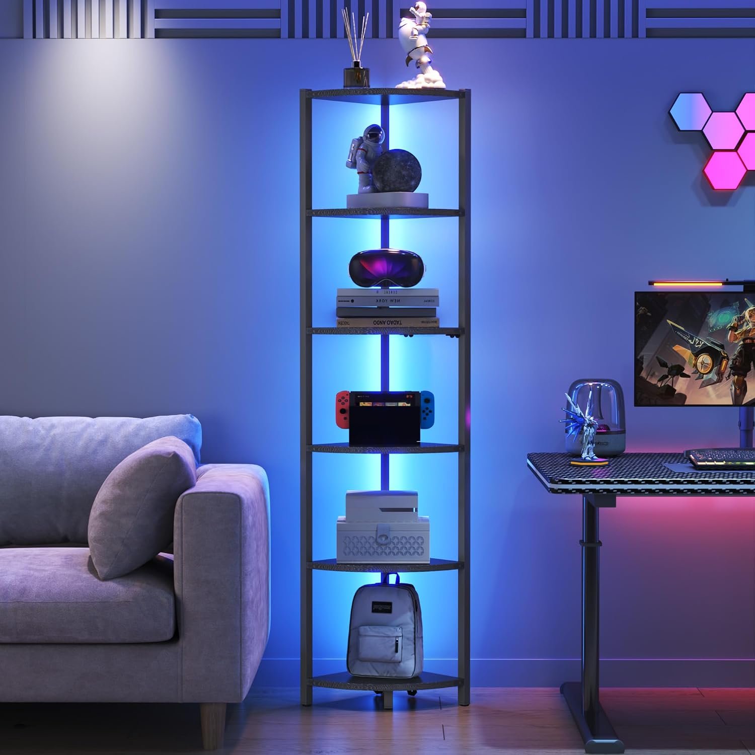 Corner Shelf with LED Lights, 6-Tier Corner Bookshelf, 66” Organizer Book Shelf Shelves Steel Frame Display Stand with Living Room, Bedroom, Study, Black