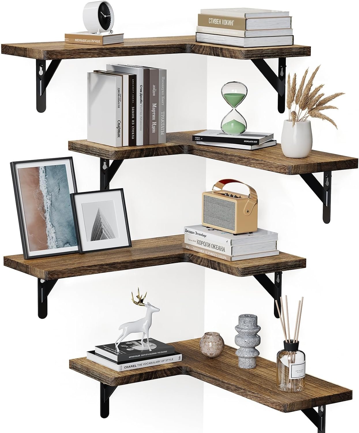 Amada Corner Floating Shelves, Paulownia Wood, Set of 4, Brown | Corner Wall Shelves with Triangular Metal Bracket, 44 lbs Capacity per Shelf, L-Shaped Design for Home Decor, Office, Bedroom