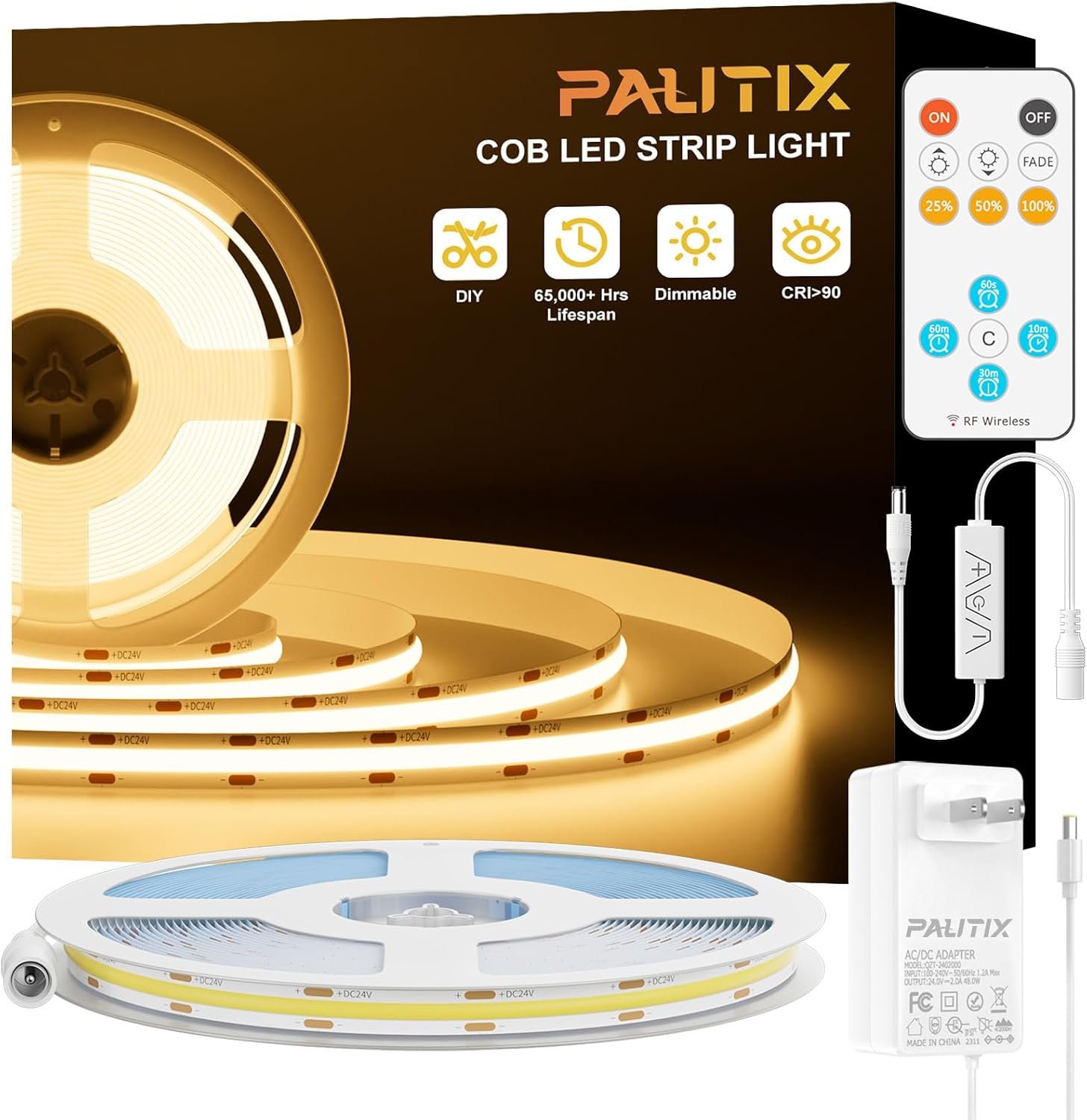 PAUTIX COB LED Strip Light,LED Lights 16.4ft,UL Listed Warm White 2700K Dotless Strip Lights,CRI93+ Super Bright Dimmable 24V Flexible Tape Light with RF Remote,for Cabinets,Kitchen Office Lighting