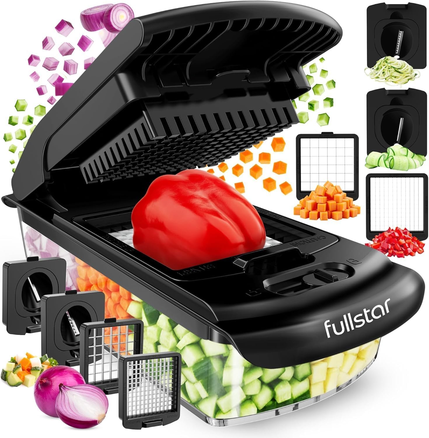 Fullstar Pro Original Vegetable Chopper & Spiralizer, Kitchen Prep Tool | 4 in 1 Veggie Slicer, Onion & Fruit Cutter with Sharp Stainless Steel Blades & Container, All-in-One Food Prep Tool (Black)