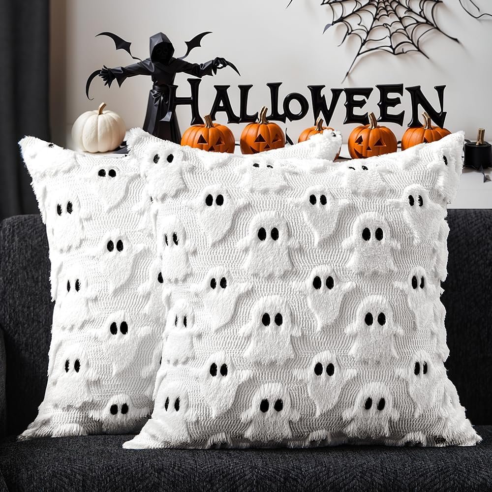 DFXSZ Halloween Pillow Covers 18×18 inch 2Pcs White Ghost Halloween Decor | Halloween Decorations Set of 2 Throw Pillow Cases Plush Faux Fur Wool Cushion for Chair Sofa Bedroom Living Room Home Decor