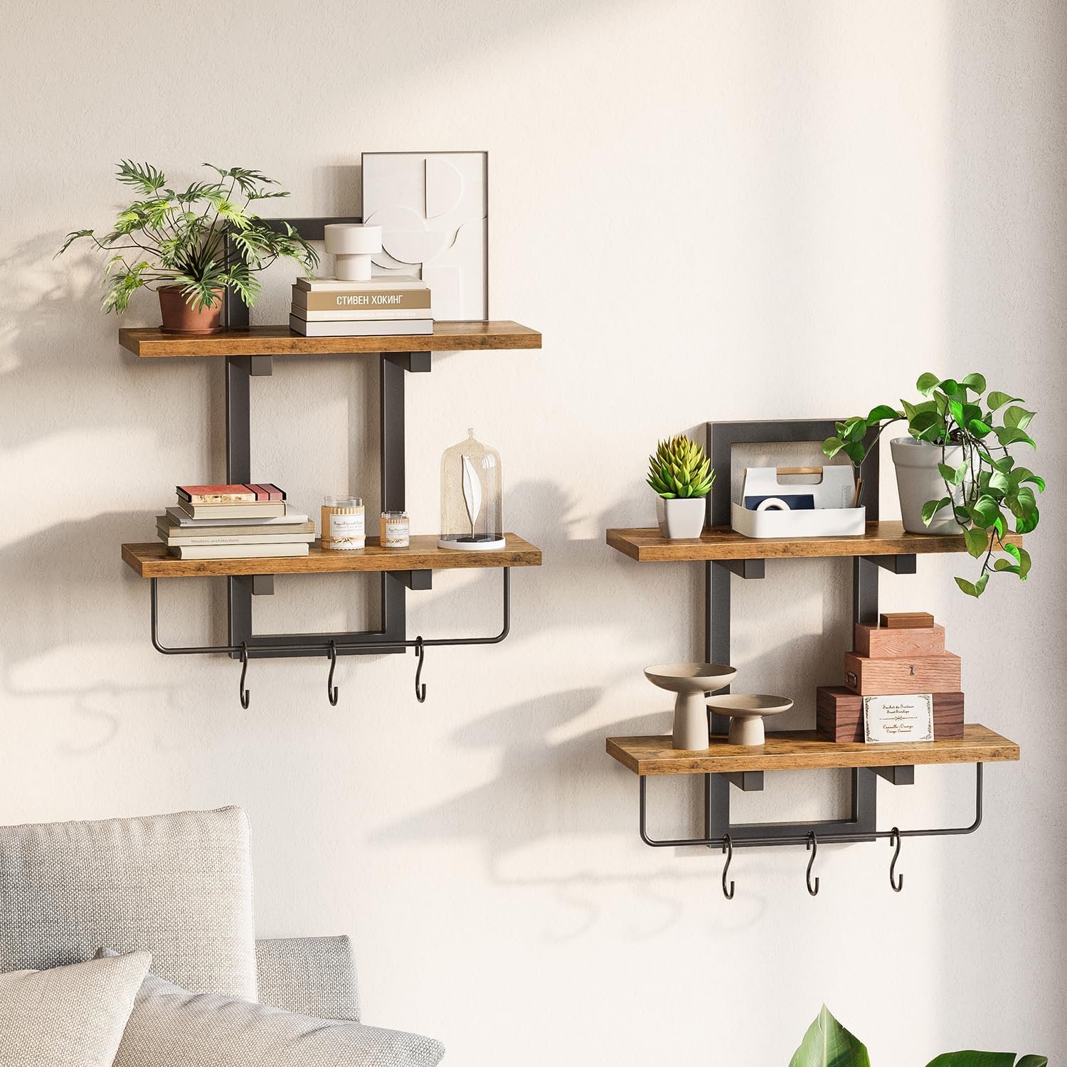 Creso hom Floating Shelves for Wall Set of 2, Wood Wall Shelf with 6 Hooks, 2 Tier Hanging Decorative Storage Shelves for Living Room Bedroom Bathroom Kitchen Office Coffee Bar, Rustic Brown | Wall Shelf, 4 Tier Hanging Decorative Storage Shelves for Living Room, Bedroom, Kitchen, Office, Coffee Bar, Rustic Brown