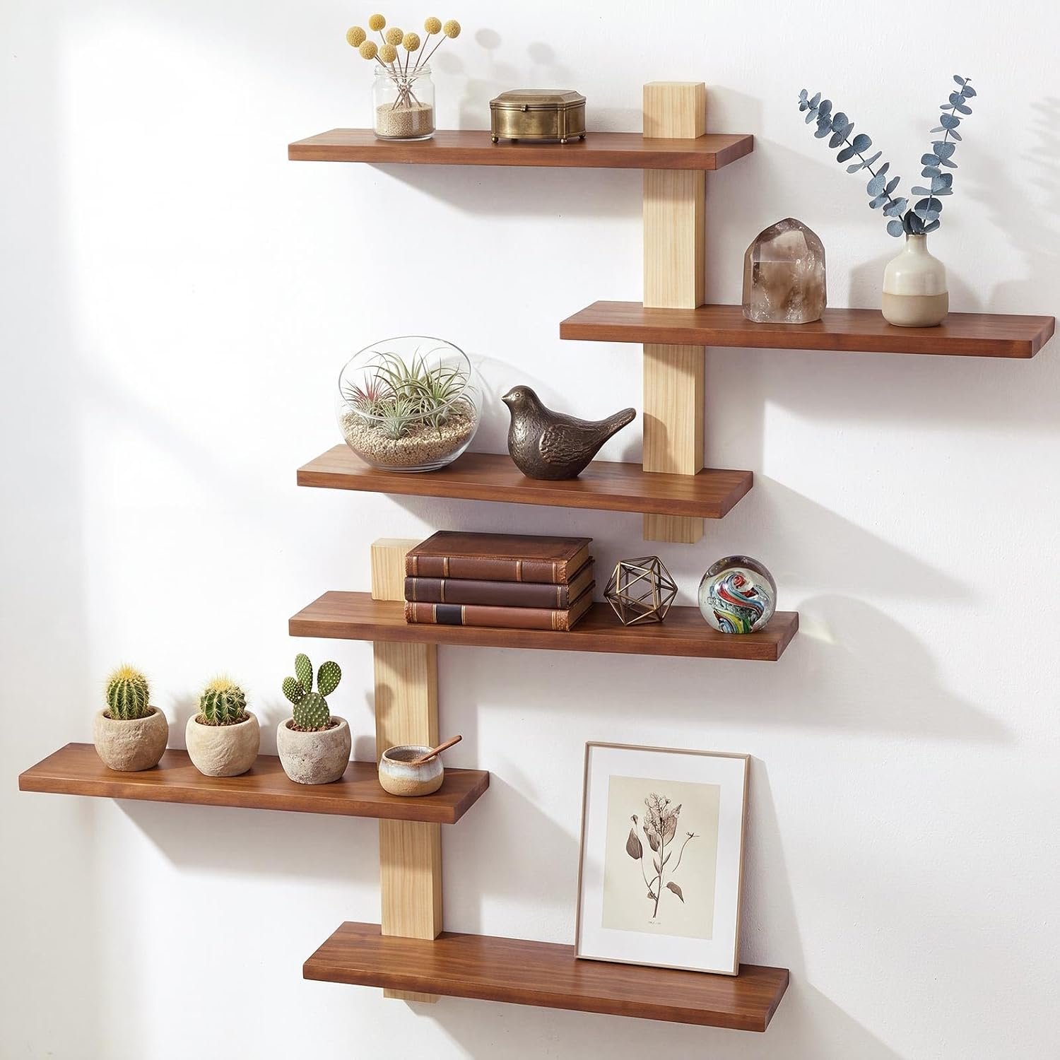 Pinkunn 2 Pack Wood 3 Tier Floating Shelf Large Minimalist Wall Shelves Mid Century Modern Furniture Wall Mount Shelf Art Decor Rustic Shelving for Bedroom Living Room Office Home(Natural Wood)
