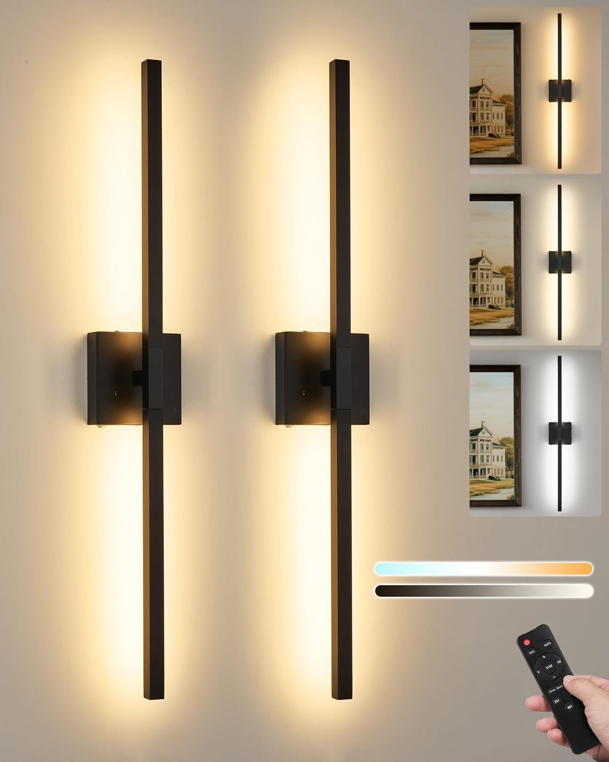 Rayogale Black Battery Operated Wall Sconce with Remote Control 8000mAh | 3000K-6000K Dimmable Wireless Rechargeable Wall Sconces Set of Two with Timer Function for Living Room, Bedroom, TV 24 Inch