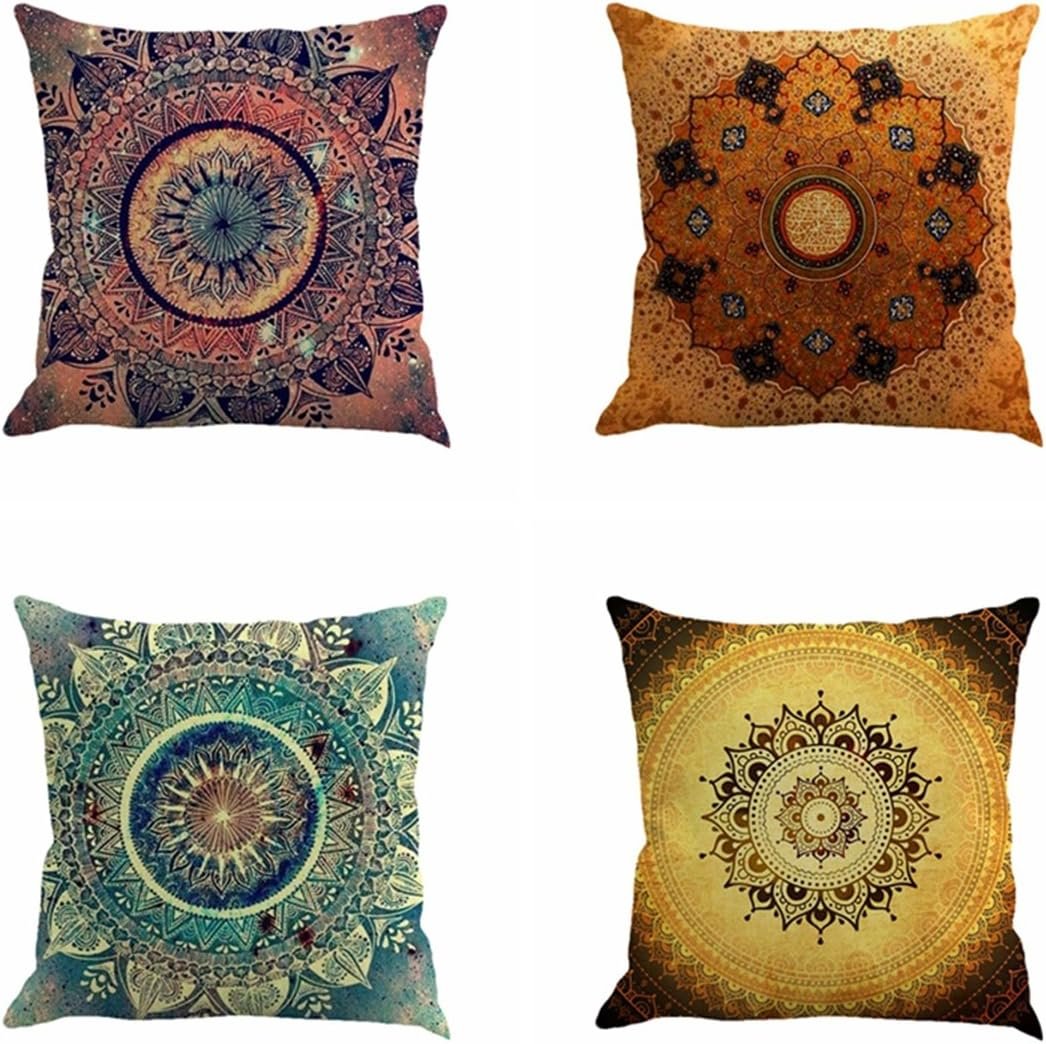 Set of 4 Retro Floral Mandala Compass Medallion Bohemian Pillow Covers Boho Decor Hippie Throw Pillows Decorative for Sofa Couch 18 x 18