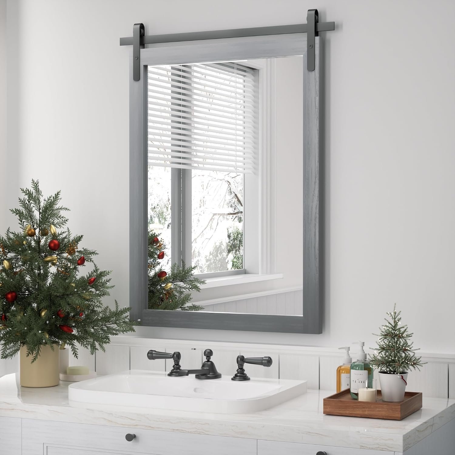 PAIHOME Farmhouse Bathroom Vanity Mirror for Over Sink 22″ x 30″ Grey | Wall Mirror, Ash Wood Frame, Rustic Barn Door, Wall Decor for Bedroom Living Room Entryway,Shatterproof HD Glass Mirror