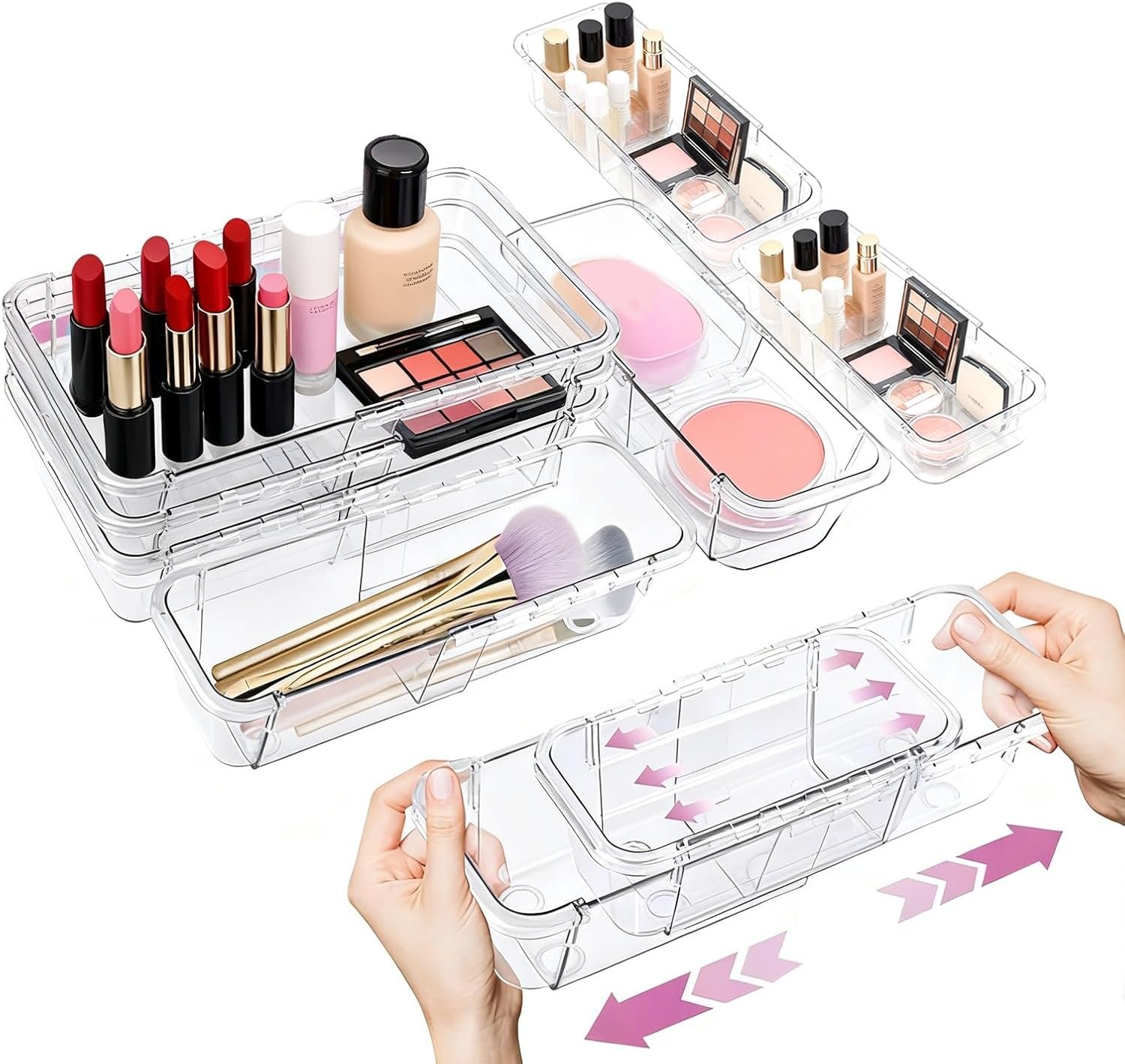 16 Pcs Extendable Clear Drawer Organizer, All Adjustable Vanity Storage Box, 2-Size Desk Drawer Organizer, Durable Storage Bins for Makeup, Cosmetic, Bedroom Dressers Tool Organizer for Gadgets