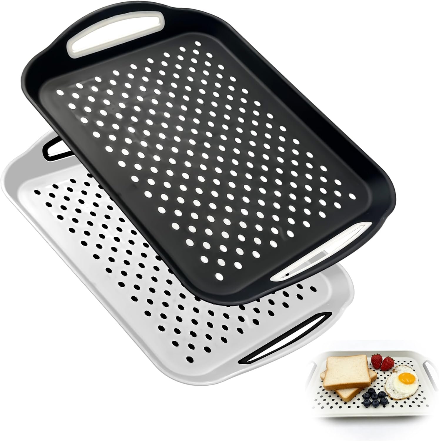 2 Pack Large Nonslip Serving Tray with Handles Lap Food Trays for Eating on Couch Tray for Breakfast Dinner Snack Fruit Beverage(Black & White)