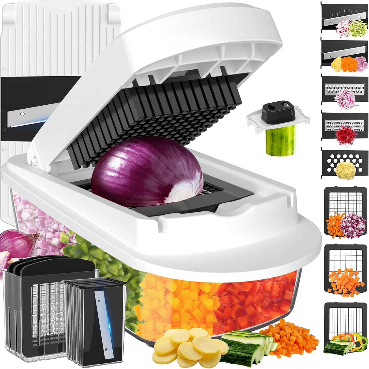 8 Blade All-in-1 Vegetable Chopper Mandoline Slicer with Container, White | Food Chopper, Onion Chopper, Veggie Cutter for Salad, Kitchen Gadgets Accessories Essentials