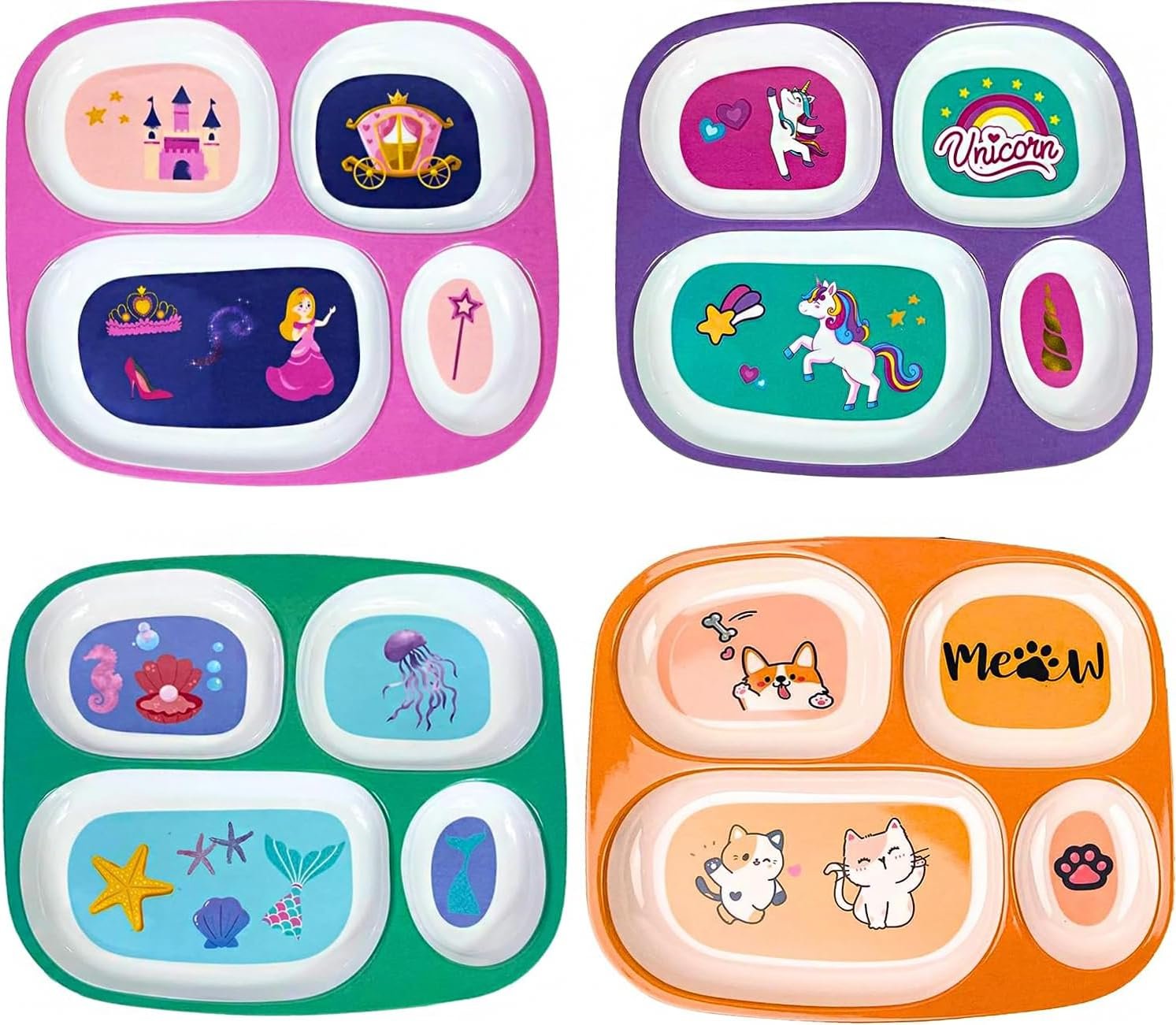 4E’s Novelty 4 Melamine Dinner Plate for Kids Girls, Plastic Mealtime Divided Plates, Dinnerware Dishes Set For Toddlers Picky Eaters, BPA Free, Princess, Unicorn, Sea Life, Cat