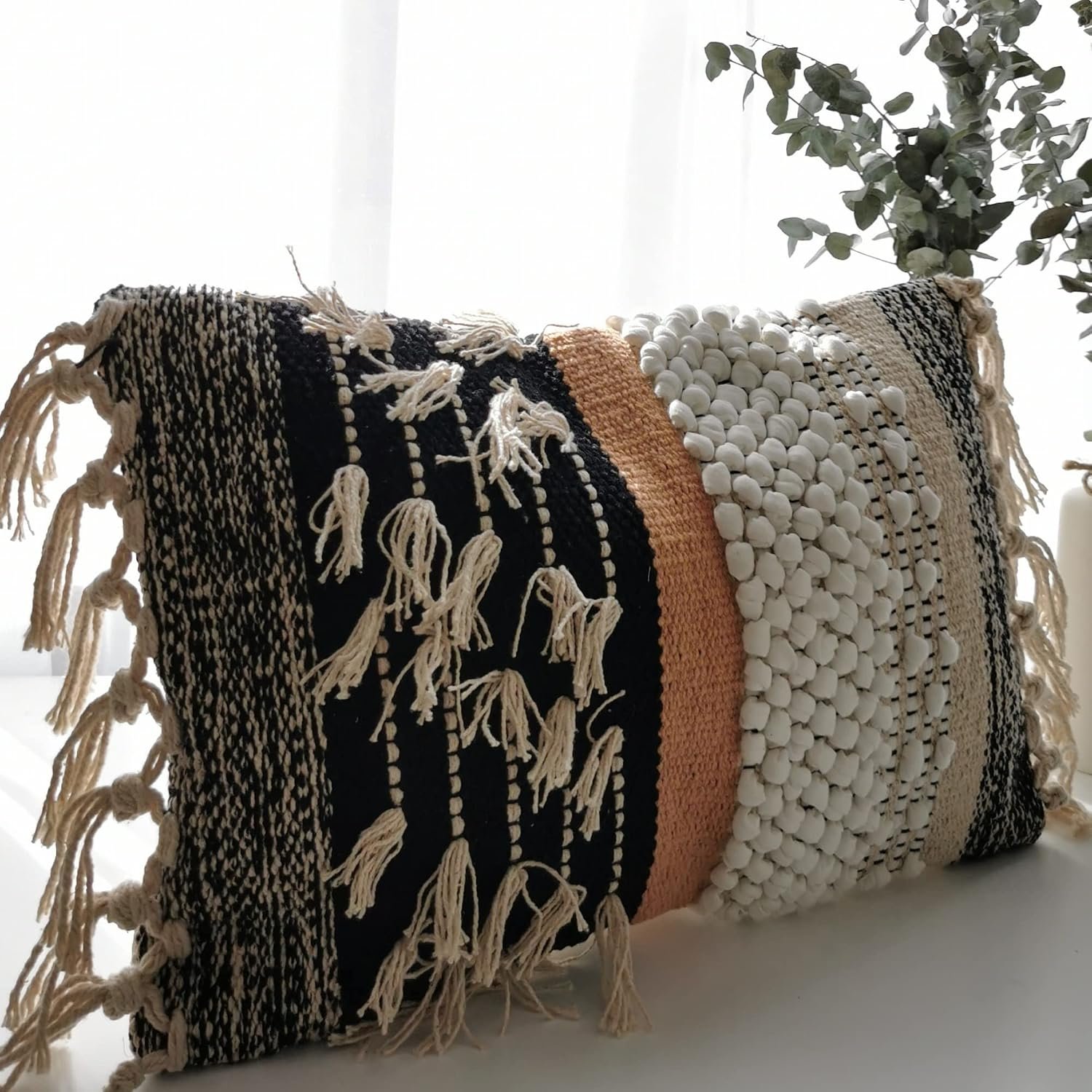 Decorative Boho-Chic Premium Pillow Cover 12×20 Handwoven Tufted Cotton Lumbar Accent Pillows, Neutral Earthly Color Throw Cushion, Farmhouse & Bohemian Home Decor (no Insert)