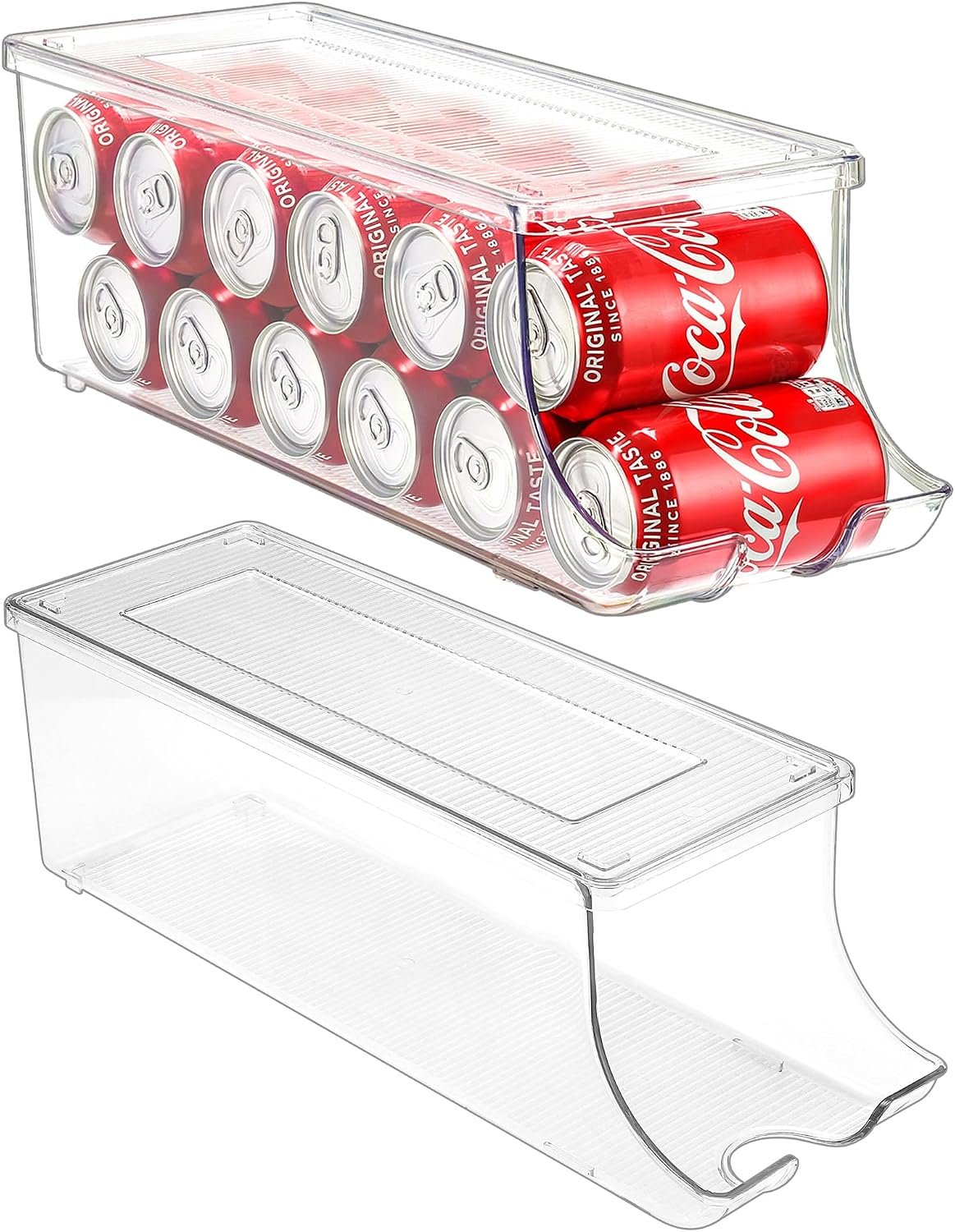Puricon 2 Pack Soda Can Organizer Dispenser for Refrigerator Fridge | Plastic Canned Food Pop Beverage Container Storage Bin with Lid for Freezer Rack Pantry Cabinet Cupboard Kitchen -Standard