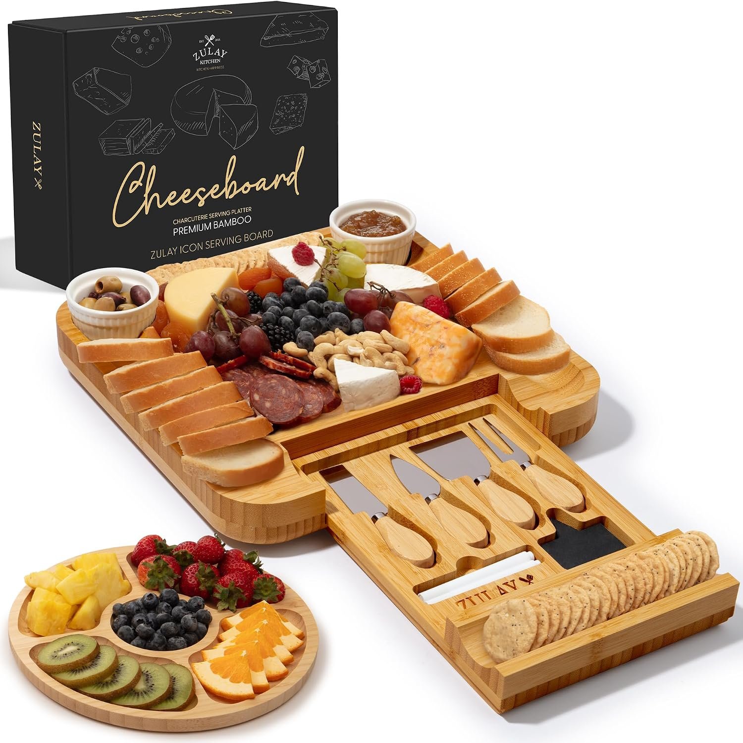 Zulay Kitchen Premium Bamboo Charcuterie Board – Extra Thick Bamboo Board with 4 Piece Knife Set – Perfect for Charcuterie, Wine and Cheese