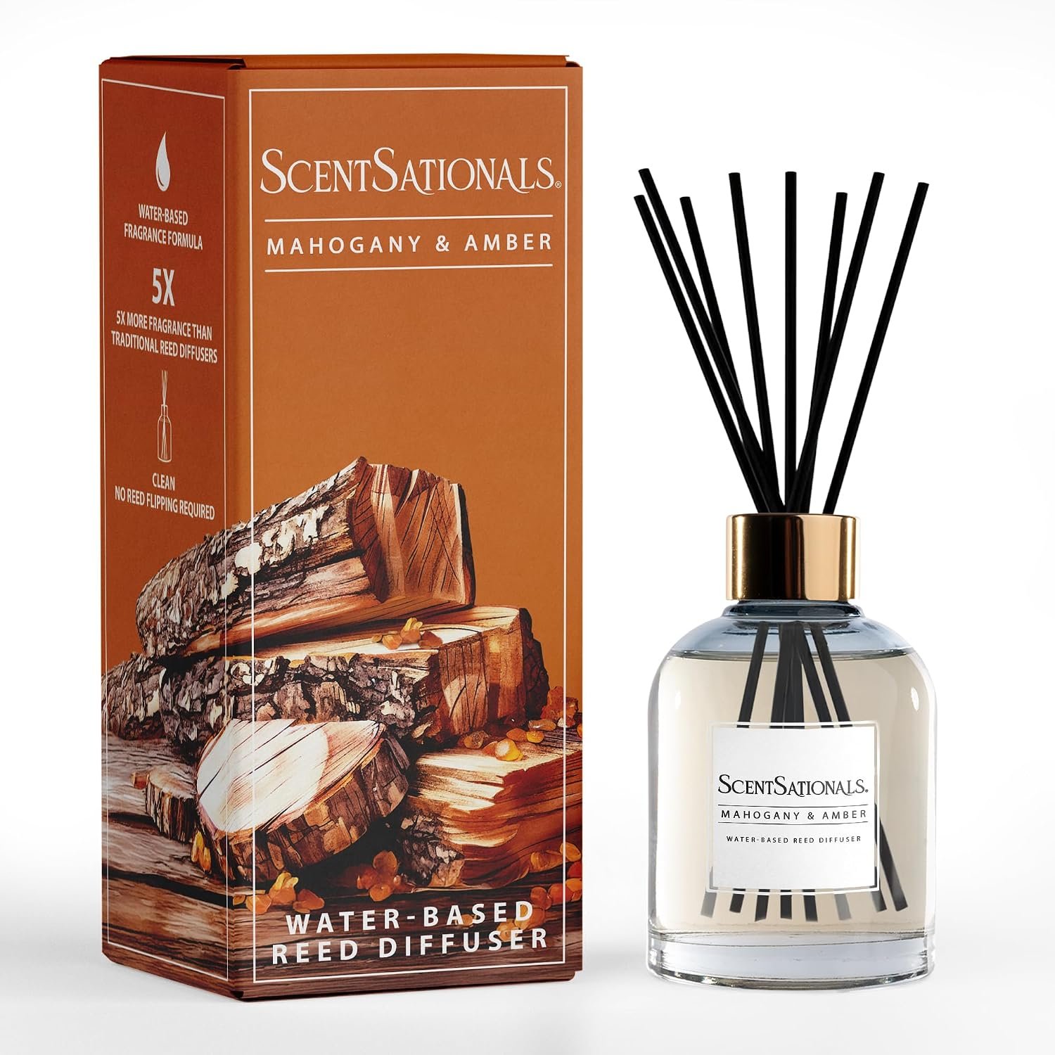 ScentSationals Mahogany & Amber Water-Based Reed Diffuser – 5 FL OZ | Mahogany, Amber, & Palo Santo – Warm and Woodsy Scented Home Fragrance