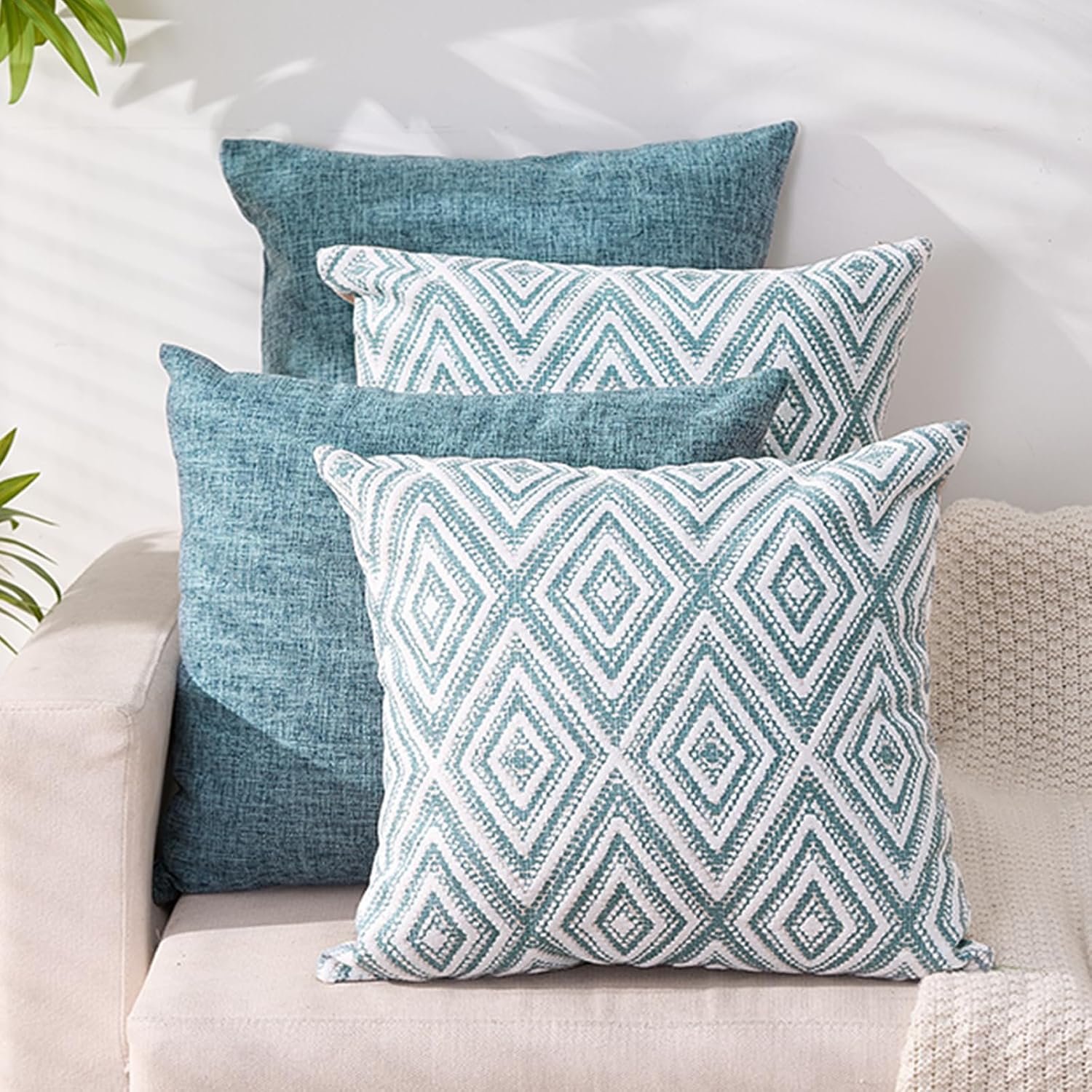 HPUK Throw Pillow Covers 18×18, Set of 4, Blue Textured Couch Pillow Covers | Polyester fabric, patterned and solid designs, hidden zippers, machine washable, for sofas and beds, inserts not included