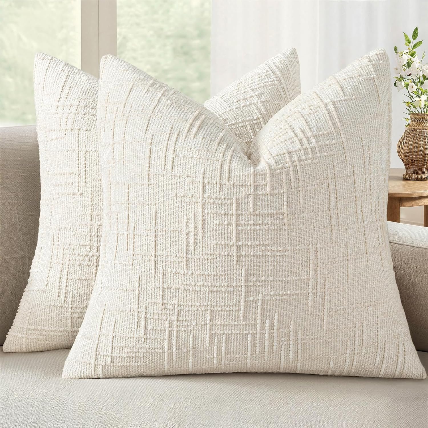 MIULEE Chenille Textured Throw Pillow Covers Cream White 18×18 Set of 2 | Slubby Decorative Pillows, Boho Farmhouse Home Decor, Modern Neutral Cushion Covers for Couch Sofa Bed Living Room
