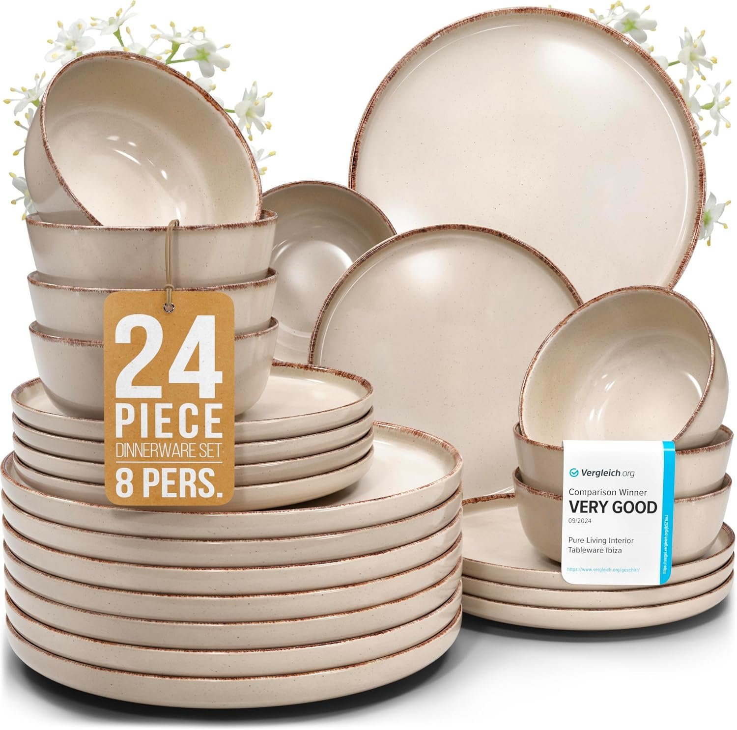 24 Piece Stoneware Dinnerware Set for 8, Handmade Plates and Bowls Set | Reactive Glaze Coating, Dishwasher & Microwave Safe Dish Set, Chip & Scratch Resistant Dishware Set, Rustic Beige