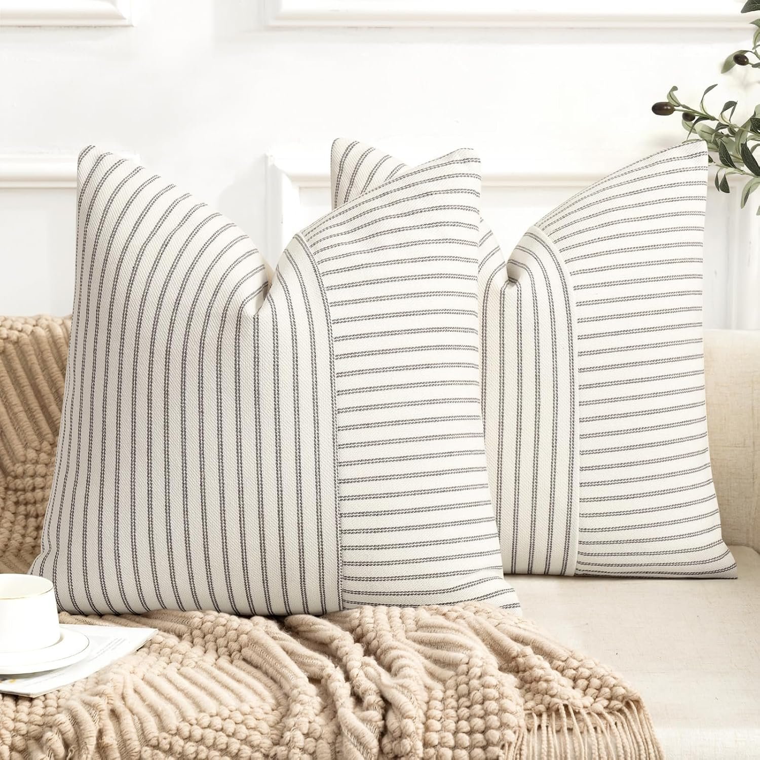 YCOLL Farmhouse Pillow Covers 18×18, Modern Accent Square Throw Pillow Covers Set of 2, Gray and Beige Striped Patchwork Linen Decorative Pillows Cushion Covers for Couch Chair Bedroom Home Decor
