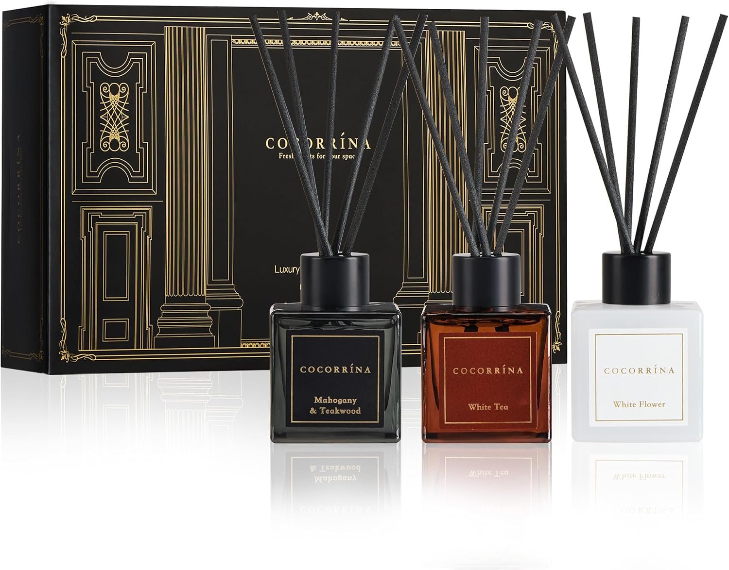 Hotel Collection Reed Diffuser Set, 1.7 fl oz Trio, Mahogany Teakwood, White Flower & White Tea, Home Fragrance for Bathroom, Bedroom, Entryway & Office