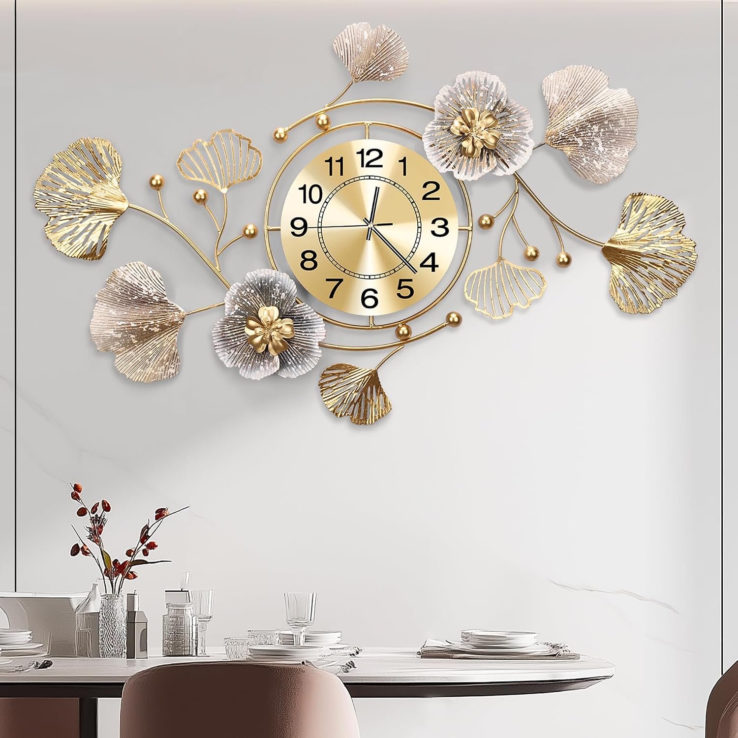 33″ Modern Farmhouse Large Decorative Wall Clock, Ginkgo Metal Art | 33″ x 18″ accent with silent movement, rotating dial, mounting kit; for living room, dining area, entryway, or bedroom