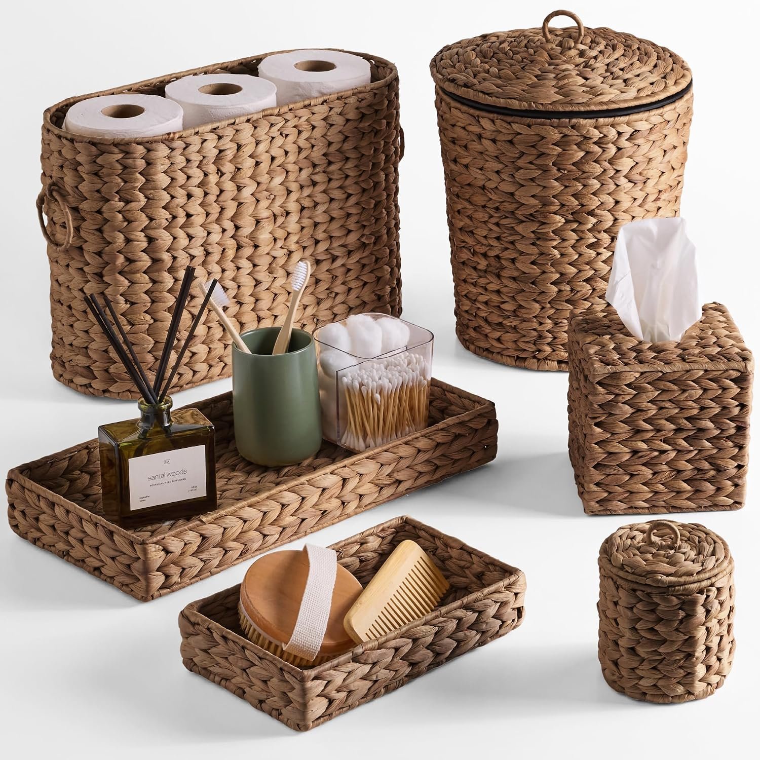 Best Choice Products 6PC Bathroom Accessories Set, Vanity Trays, qtip Canister, Square Tissue Box Cover, Small Wicker Trash Can, Toilet Paper Basket, Storage Organizer, Water Hyacinth – Chestnut