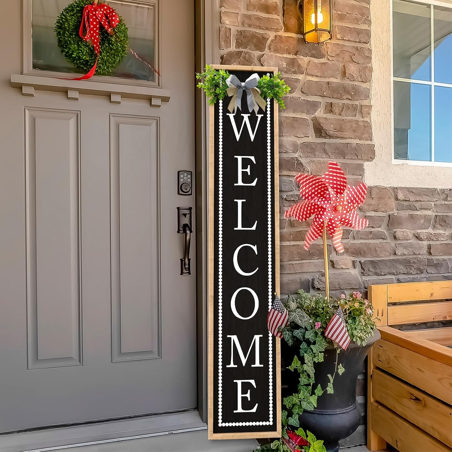 AuraPeak Welcome Sign for Front Porch Door Standing, 45″X9″, Wood Black | Outdoor Large Wooden Home, Rustic Farmhouse Yard, Vertical Hanging, Modern Outside Entryway Plaques