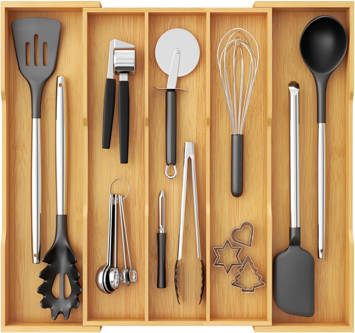 Lifewit Utensil Drawer Organizer, Expandable Kitchen Tool Tray, Wood Adjustable Flatware and Spatula Storage Divider, 11-19.7 x 17 x 1.8 Inches, Natural
