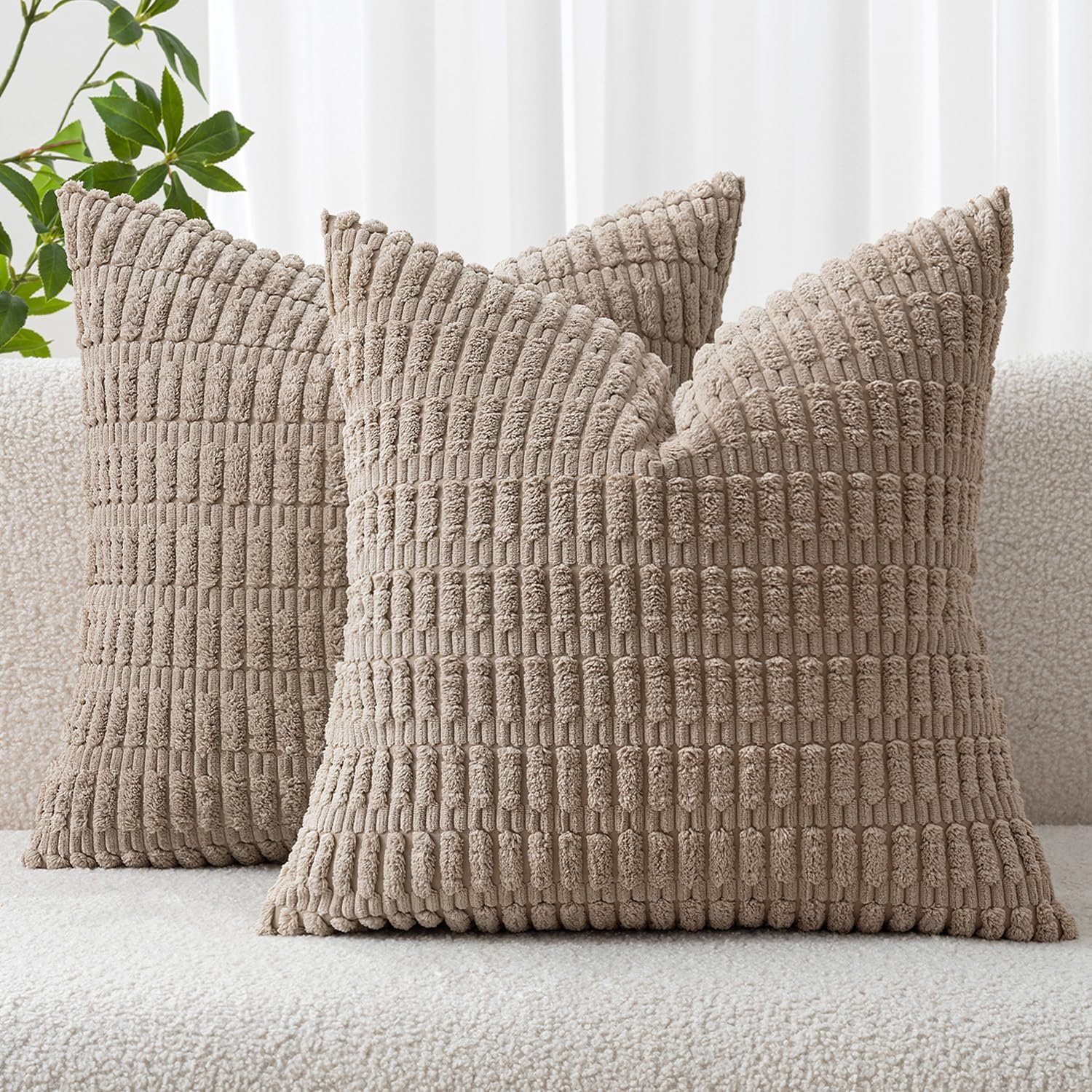 MIULEE Corduroy Decorative Throw Pillow Covers 18×18 Light Brown Pack of 2 | Soft Boho Striped Pillow Covers Modern Farmhouse Fall Home Decor For Sofa Living Room Couch Bed