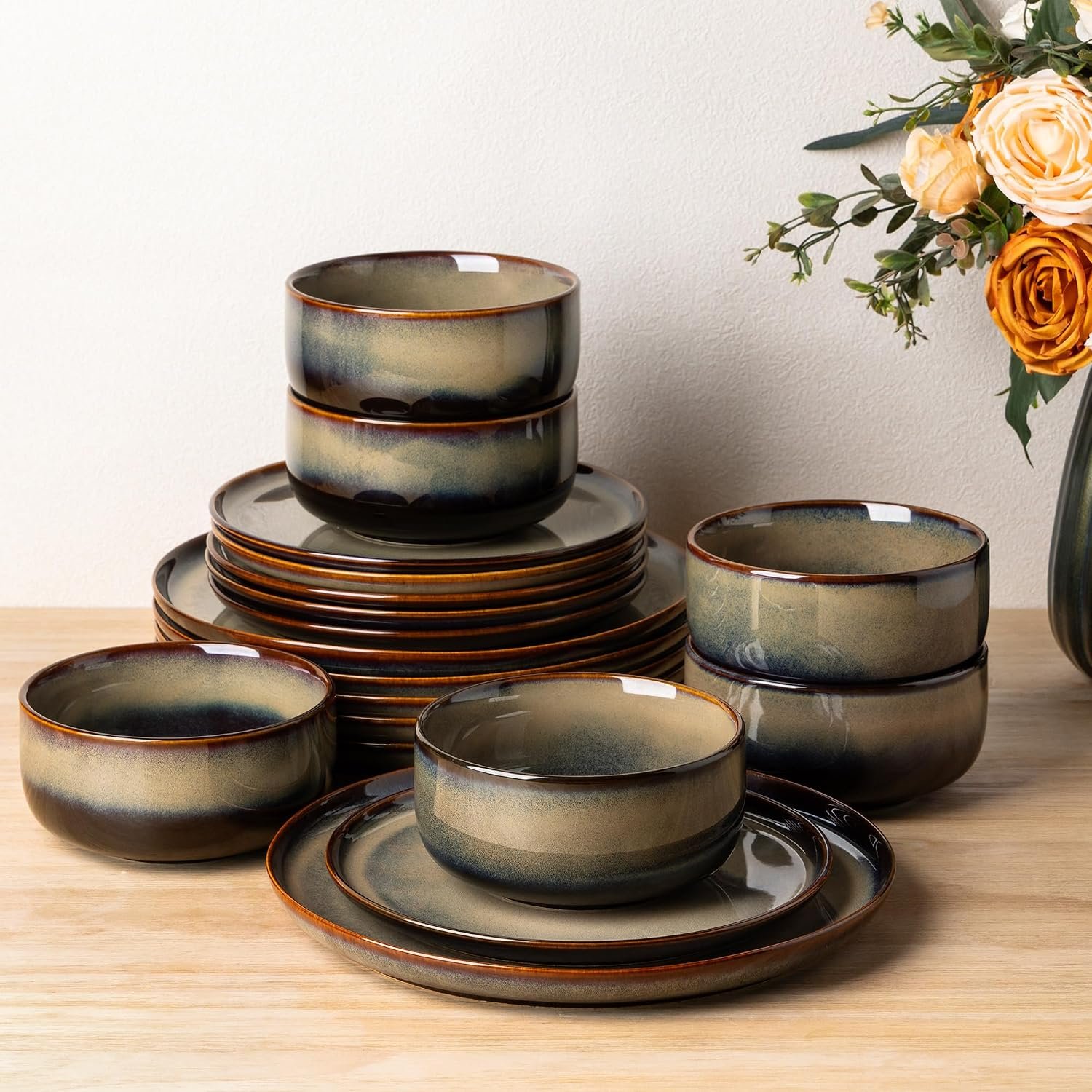 Ceramic Dinnerware Set for 6, 18-Piece Plates and Bowls Set | Handmade Reactive Glaze Dish Set, Scratch Resistant, Oven & Microwave & Dishwasher Safe, Mocha Brown