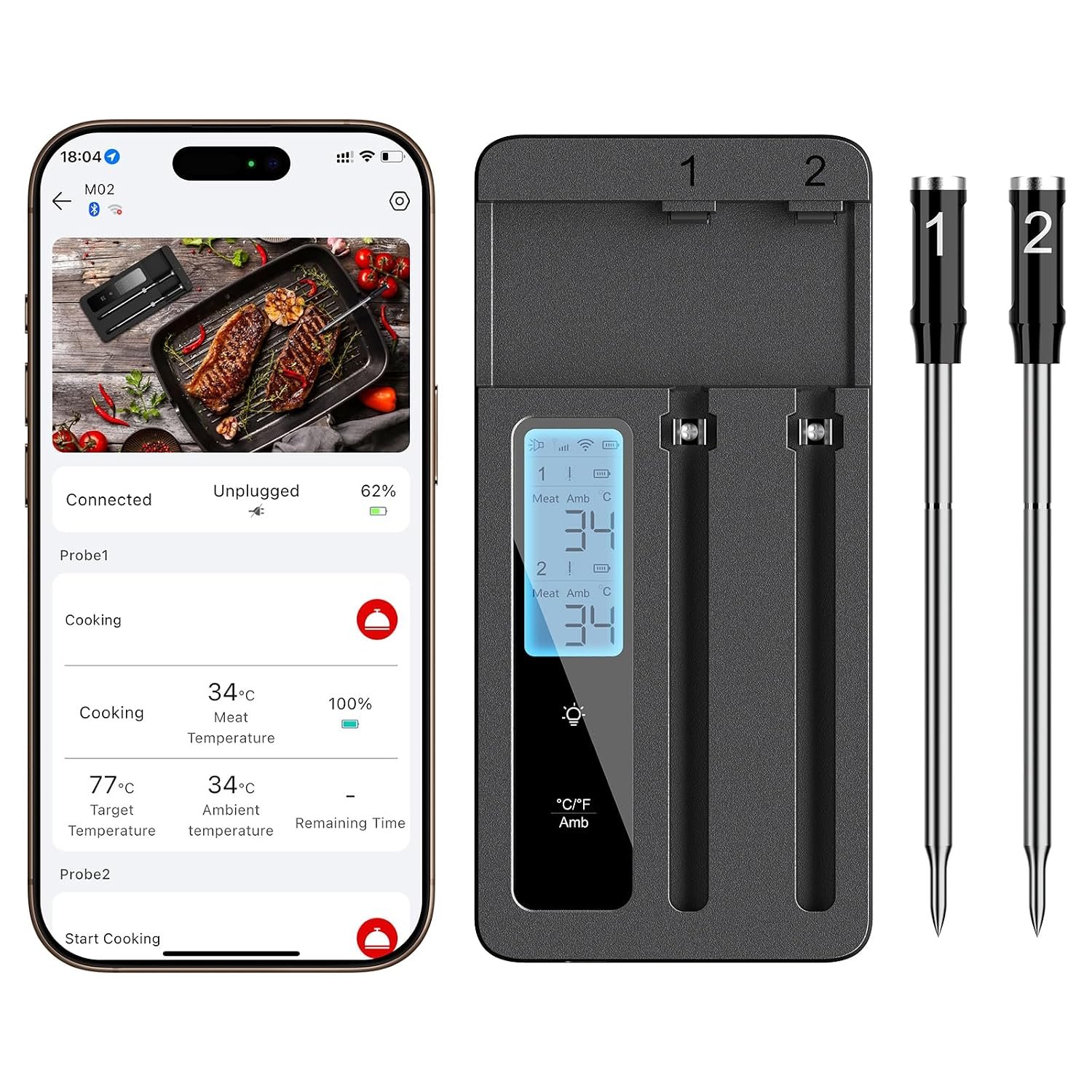 Smart Wireless Meat Thermometer with Dual Probes, Bluetooth & WiFi Combo, Remote Monitoring & Smart Alerts for BBQ, Grill, Smoker, Oven, Air Fryer