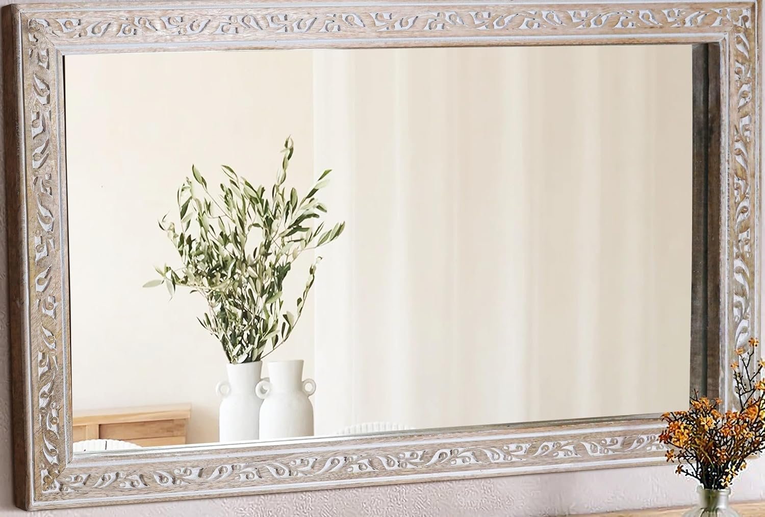 Rustic Solid Wood Wall Mirror – Bathroom Vanity Mirror, Farmhouse Decorative Mirror for Home, Vertical & Horizontal Hanging, Wood Finish 30″x18″ White Antique