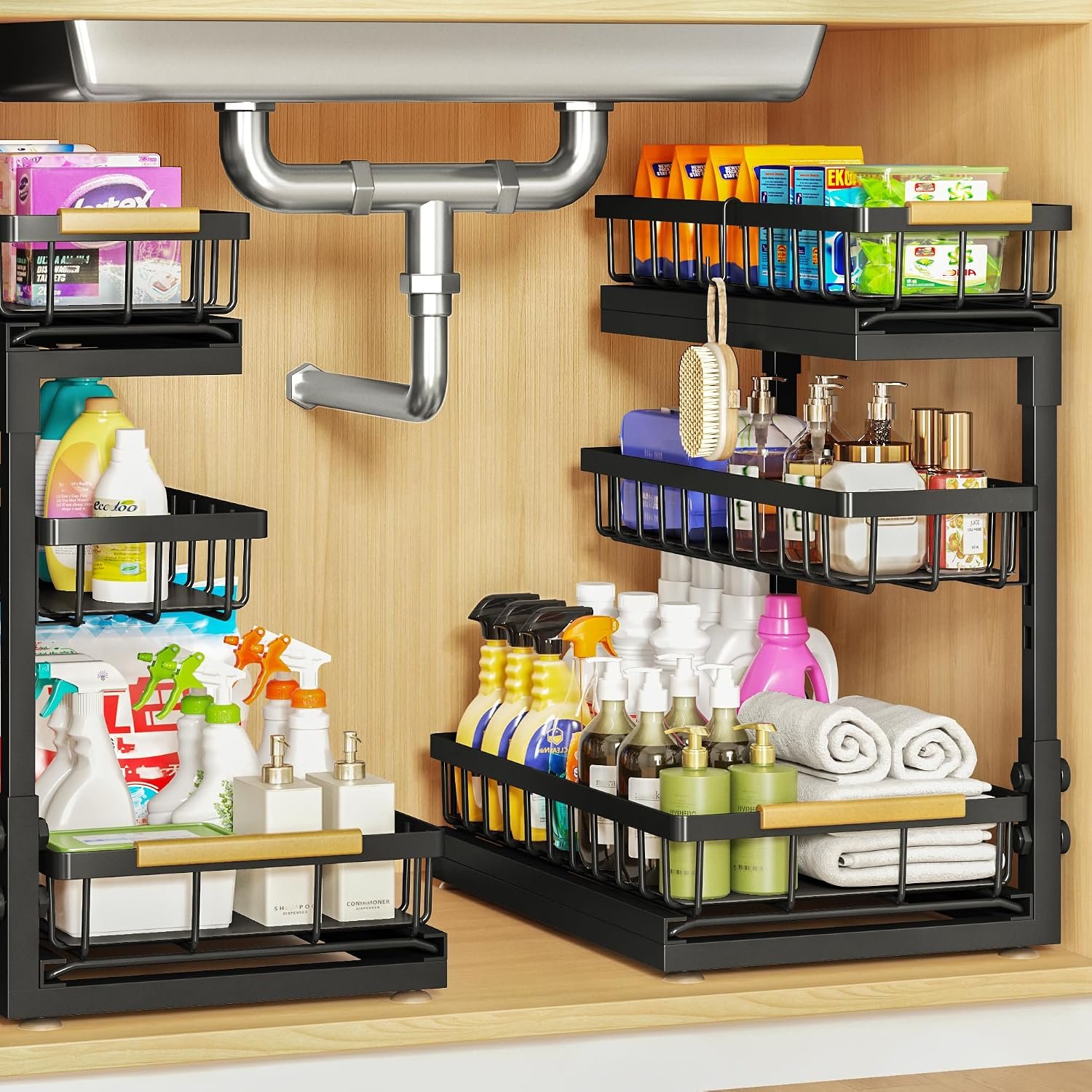 Under Sink Organizer and Storage for Bathroom and Kitchen – 2 Pack 3 Tier | Under Cabinet Pull Out Shelf Organizers – Slide Out Drawer Organization for Home Cabinets Shelves and Drawers