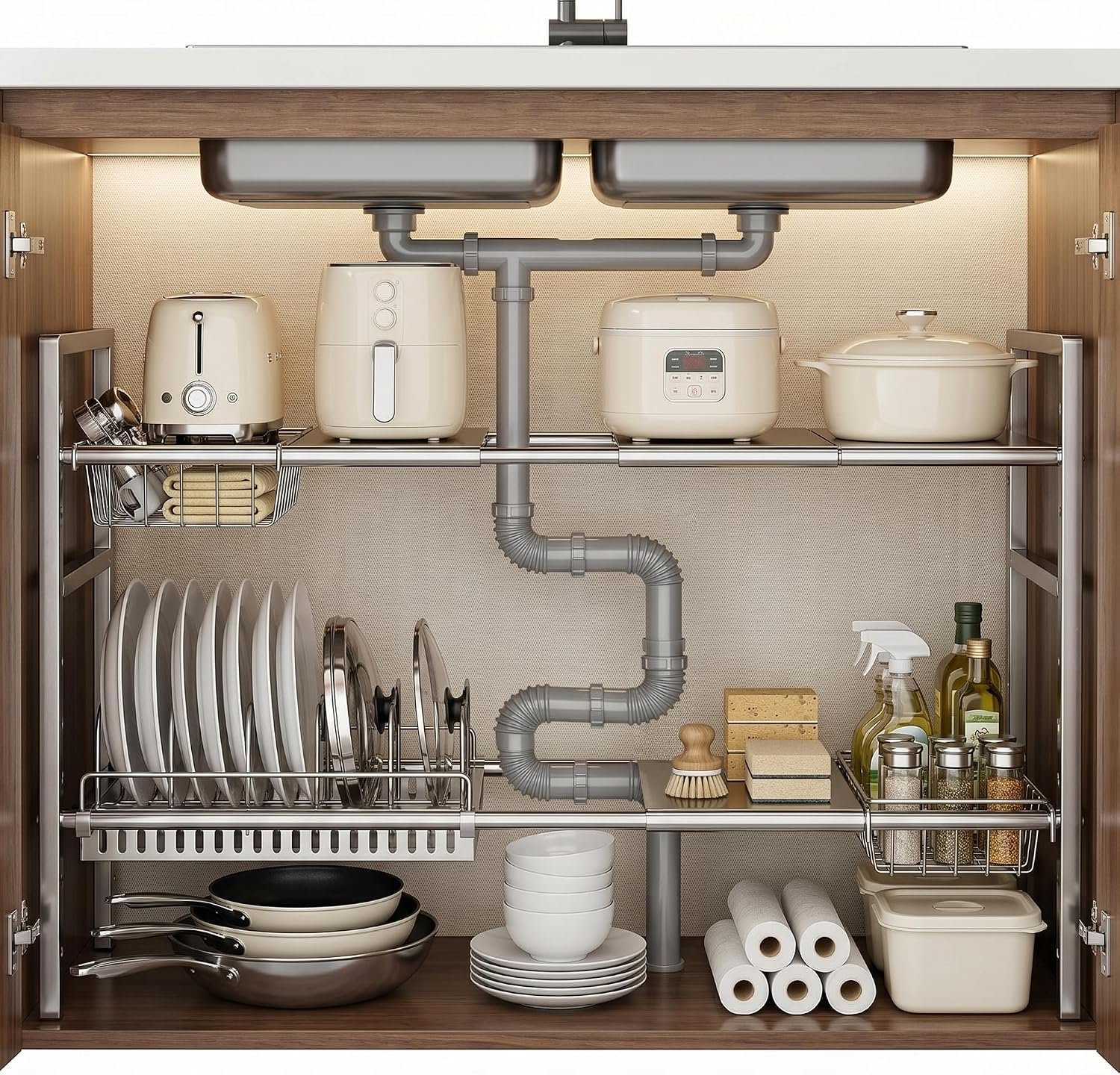Li&Zhao Stainless Steel Under Sink Organizer-Expandable Cabinet Storage Rack with 4 Dividers and 2 Baskets