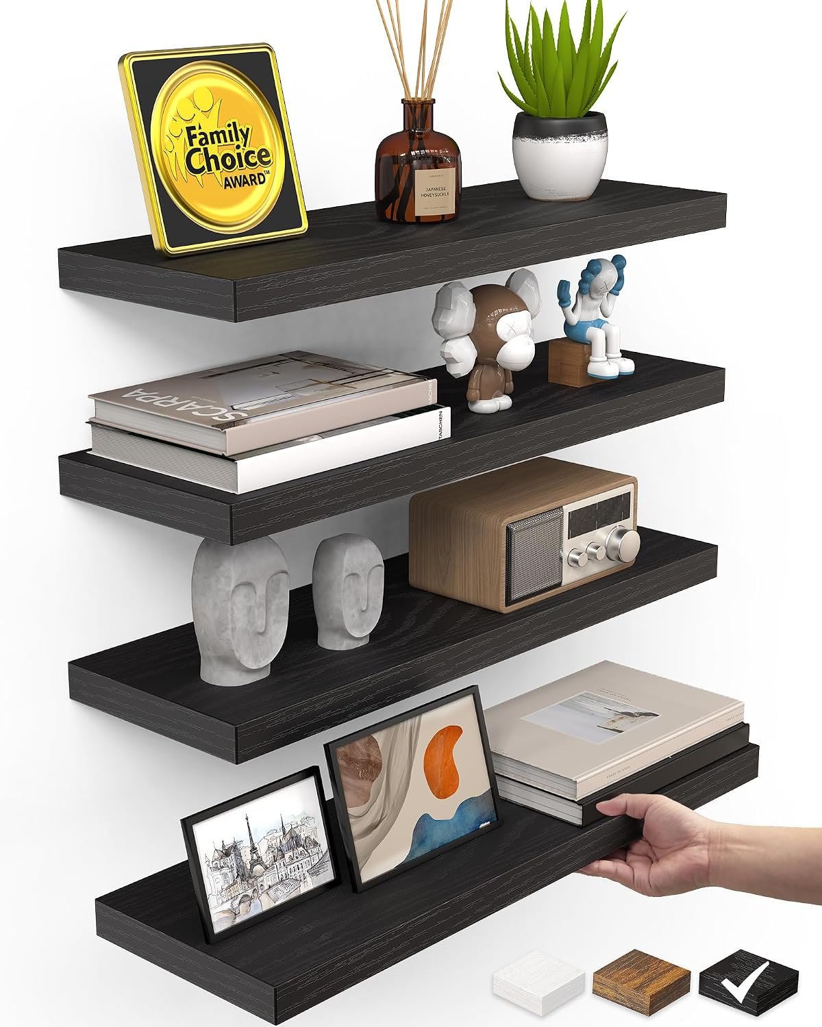 BAYKA Black Floating Shelves 15.7in, Set of 4, Wall Mount Rustic Wood Shelf | Easy Install, 22lbs Max Load, Hidden Bracket, Hanging Shelf for Books/Storage/Room Decor, Multi-Wall Compatible
