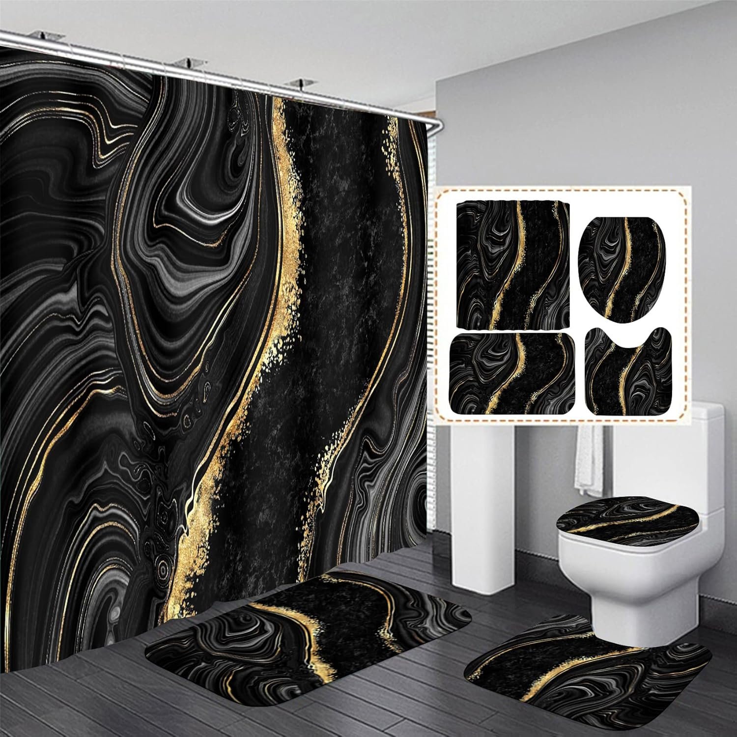 Nkzply 4 Pcs Black Marble Shower Curtain Sets with Rugs Gold Bathroom Set | Fabric Shower Curtain Abstract Bathroom Decor Accessories Shower Curtains for Bathroom Toilet Lid Cover and Hooks